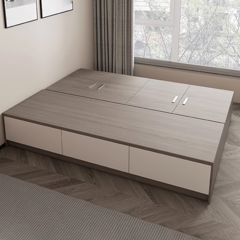 Brown Wood Lift Up Storage Bed with 3 Drawers and Solid Color Design