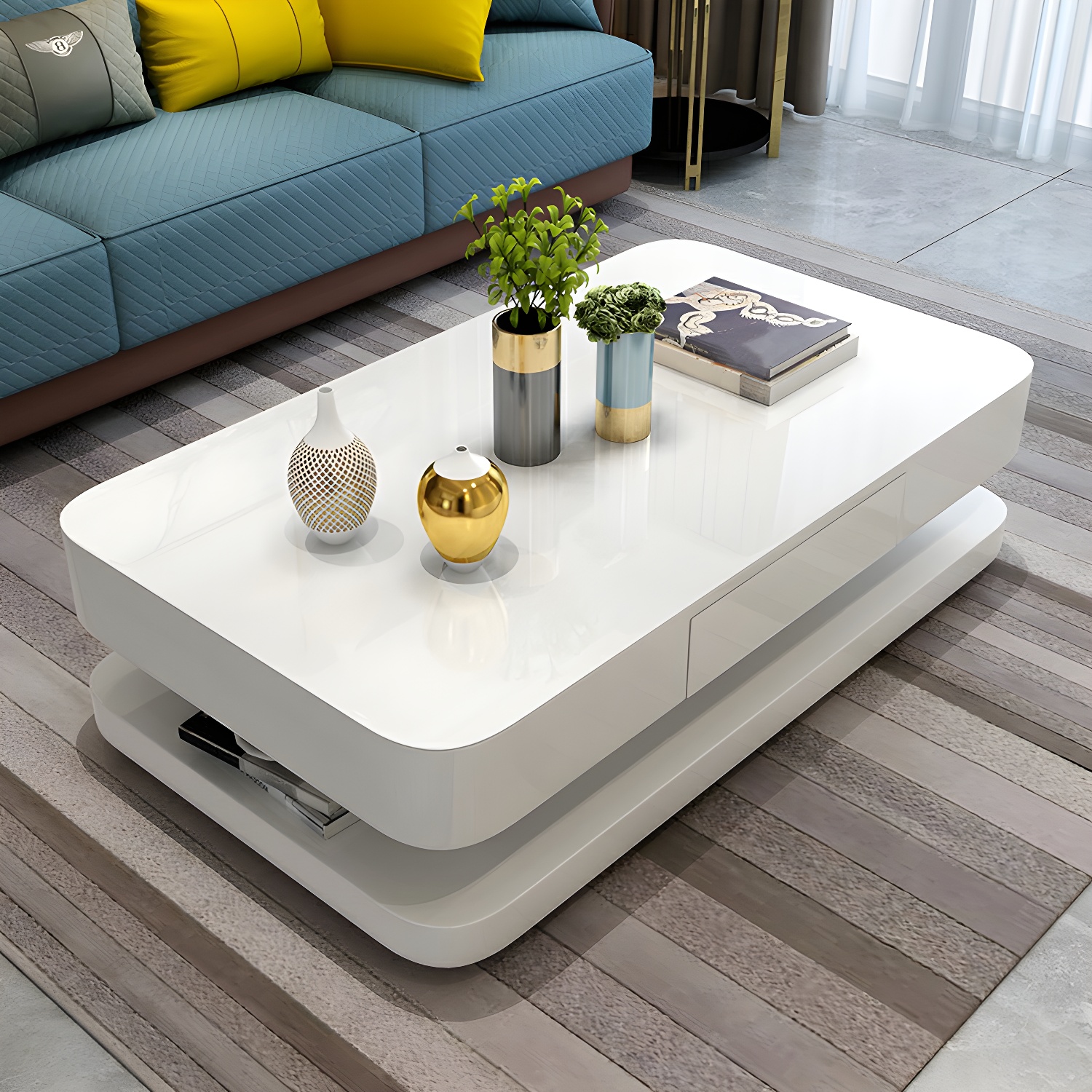 White Modern Coffee Table with Rectangular Wood Top & Block Base - image 3