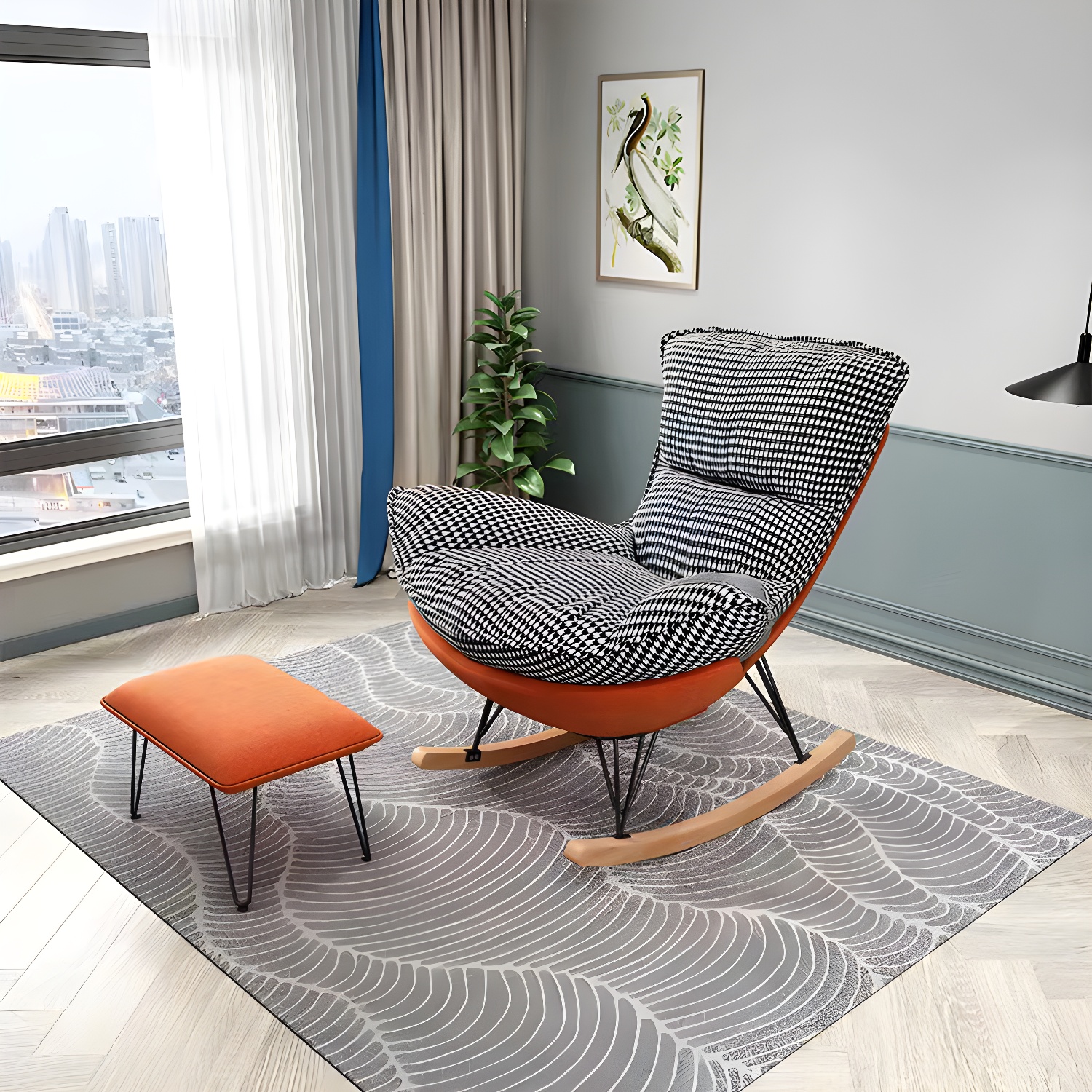 Glam Rocking Accent Chair Upholstered Antique Finish Rocking Chair with Ottoman - image 7