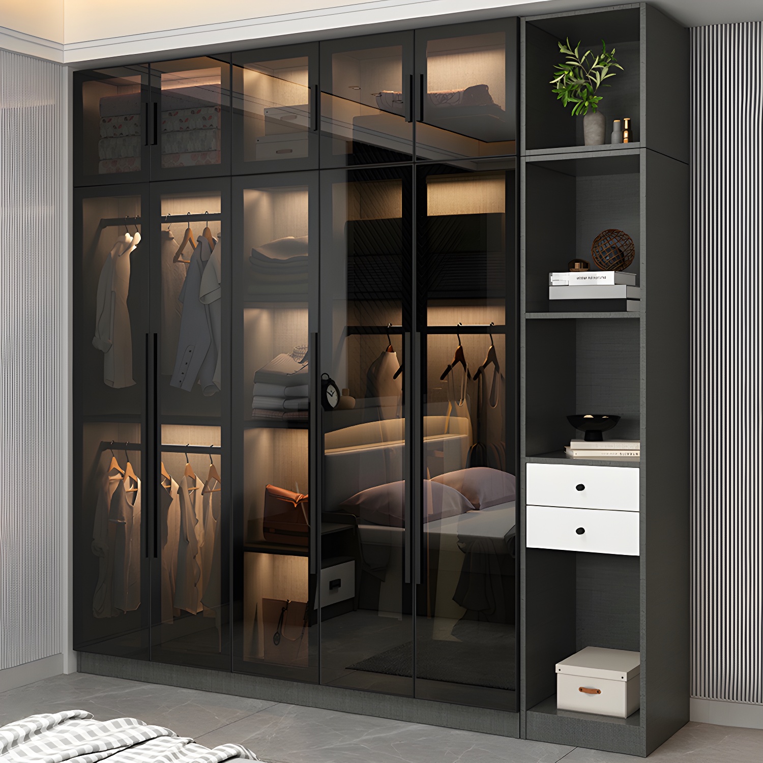 Black Glass Wardrobe Armoire Modern Style Wardrobe for Bedroom - image 14