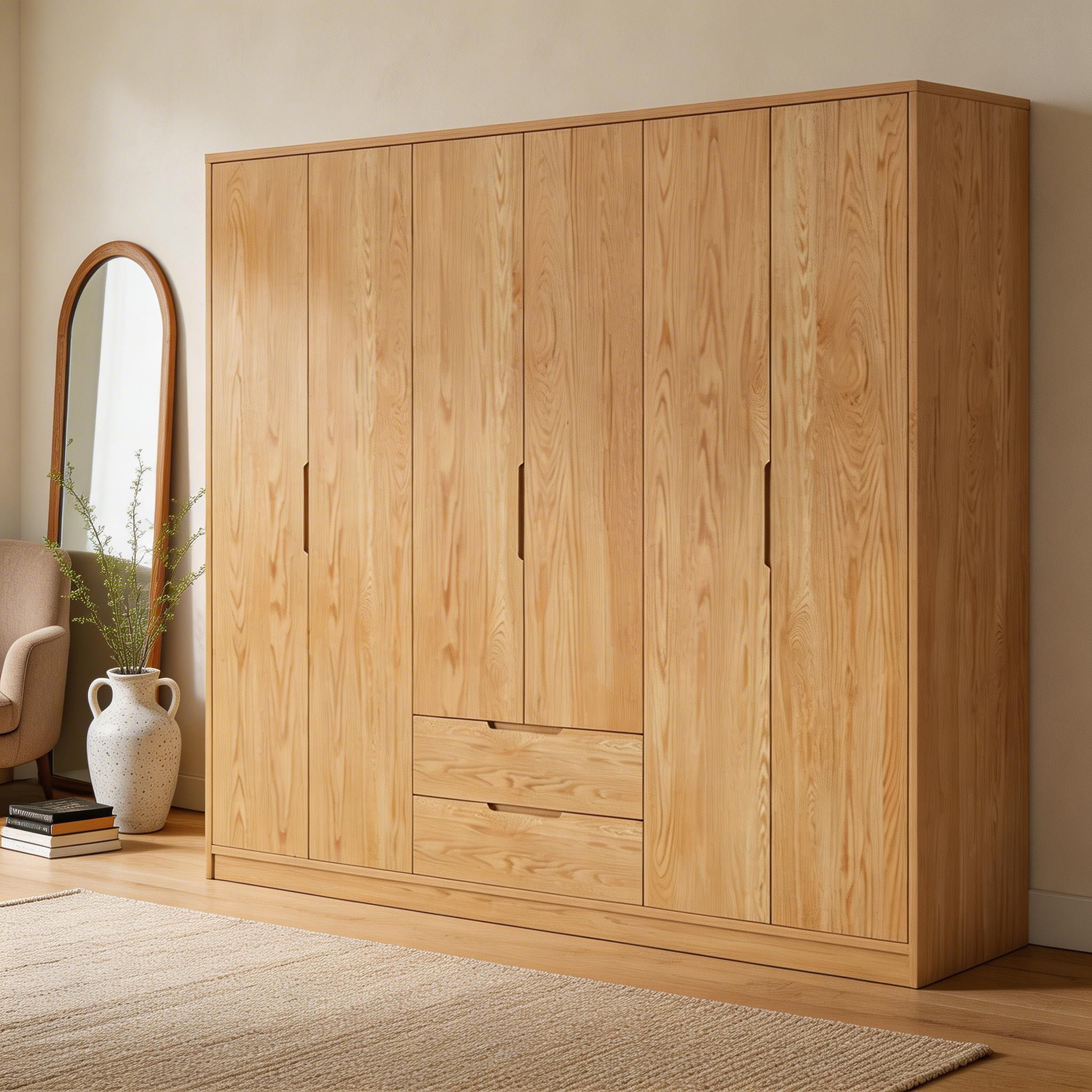 Modern Natural Wood Wardrobe Armoire with Sliding Doors, Drawers, and Shelves - image 54