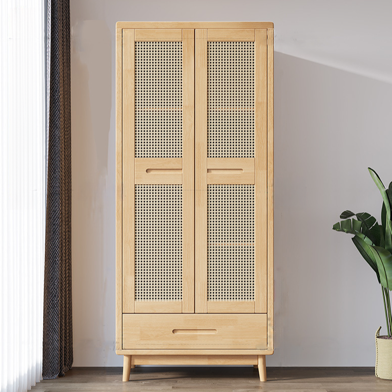 Minimalist Rubberwood Cabinet Armoire with Compartments, Interior Shelves, and Clothing Rod