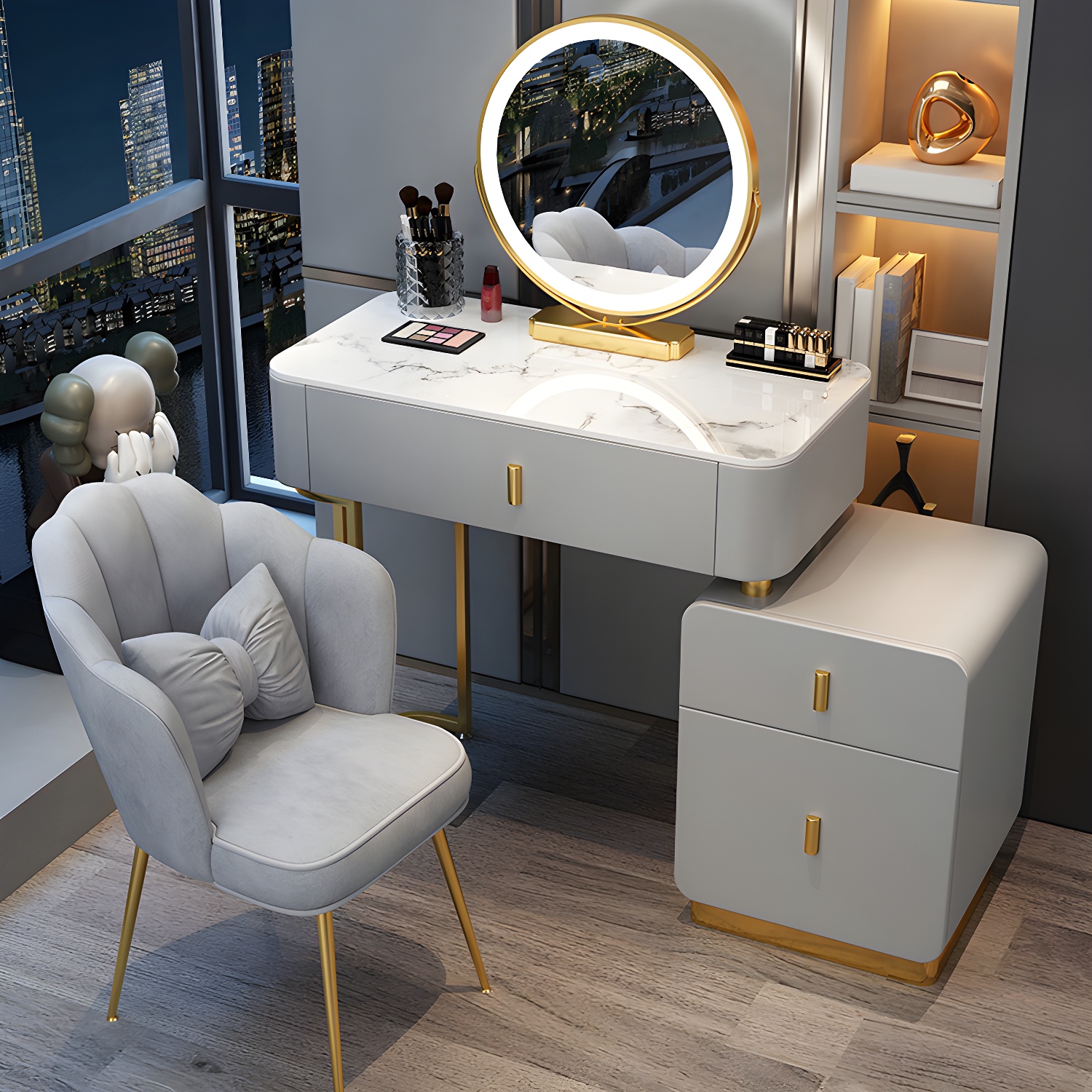 Wood Makeup Vanity Lighted Mirror Vanity Table and Stool Set