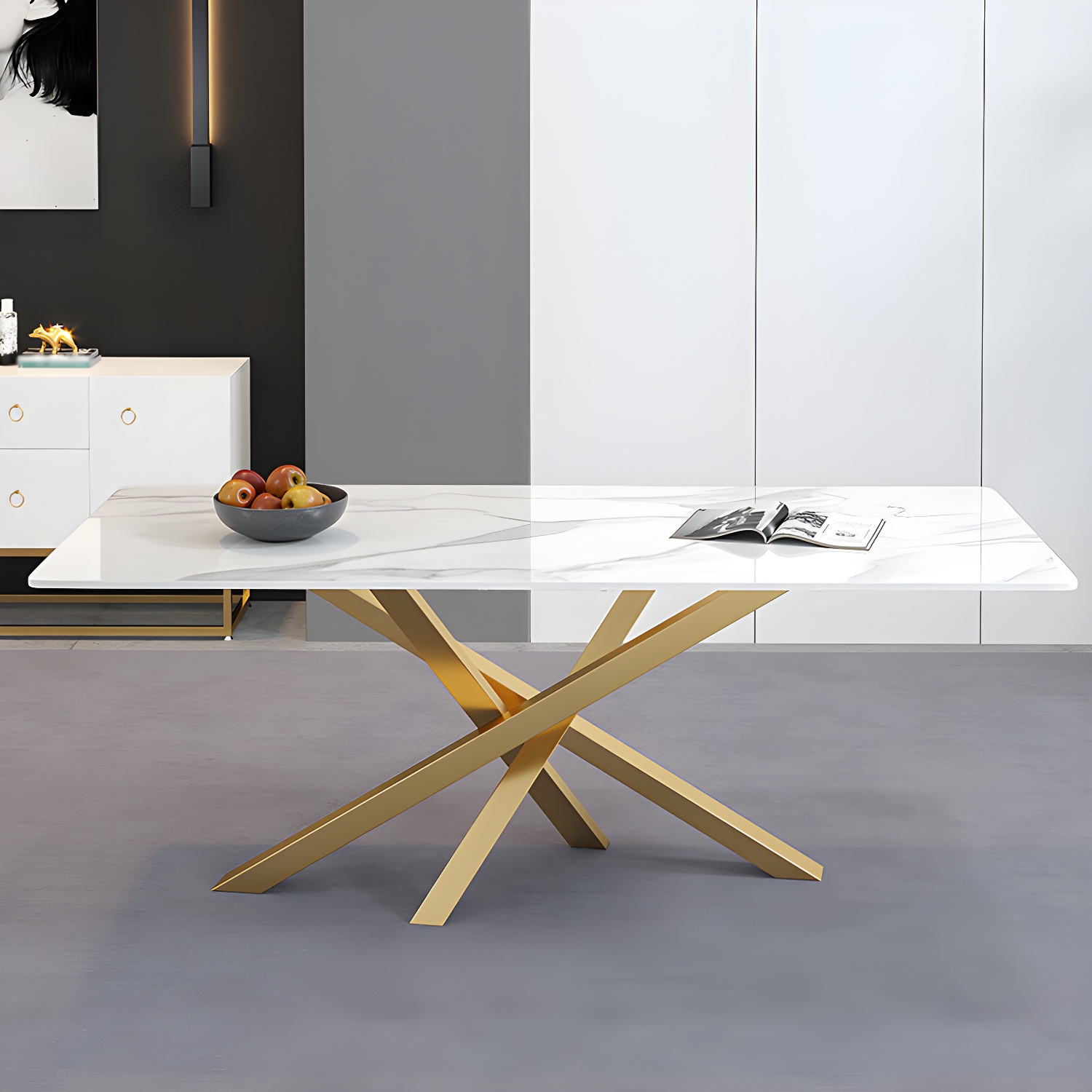 Luxury Sintered Stone Top Dining Table Rectangle Table with Metal Pedestal