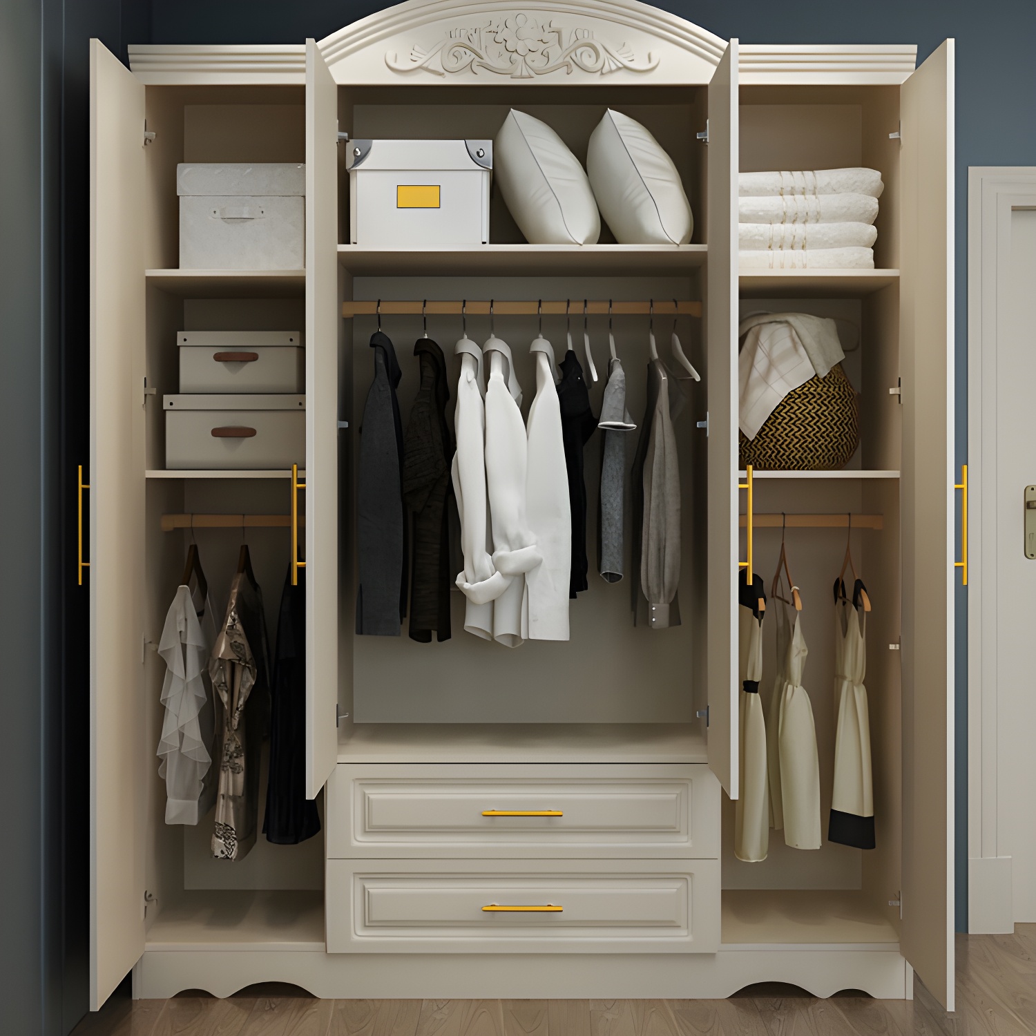 French Country Wardrobe White Colour Wooden Wardrobe Closet With 2 Drawers - image 3