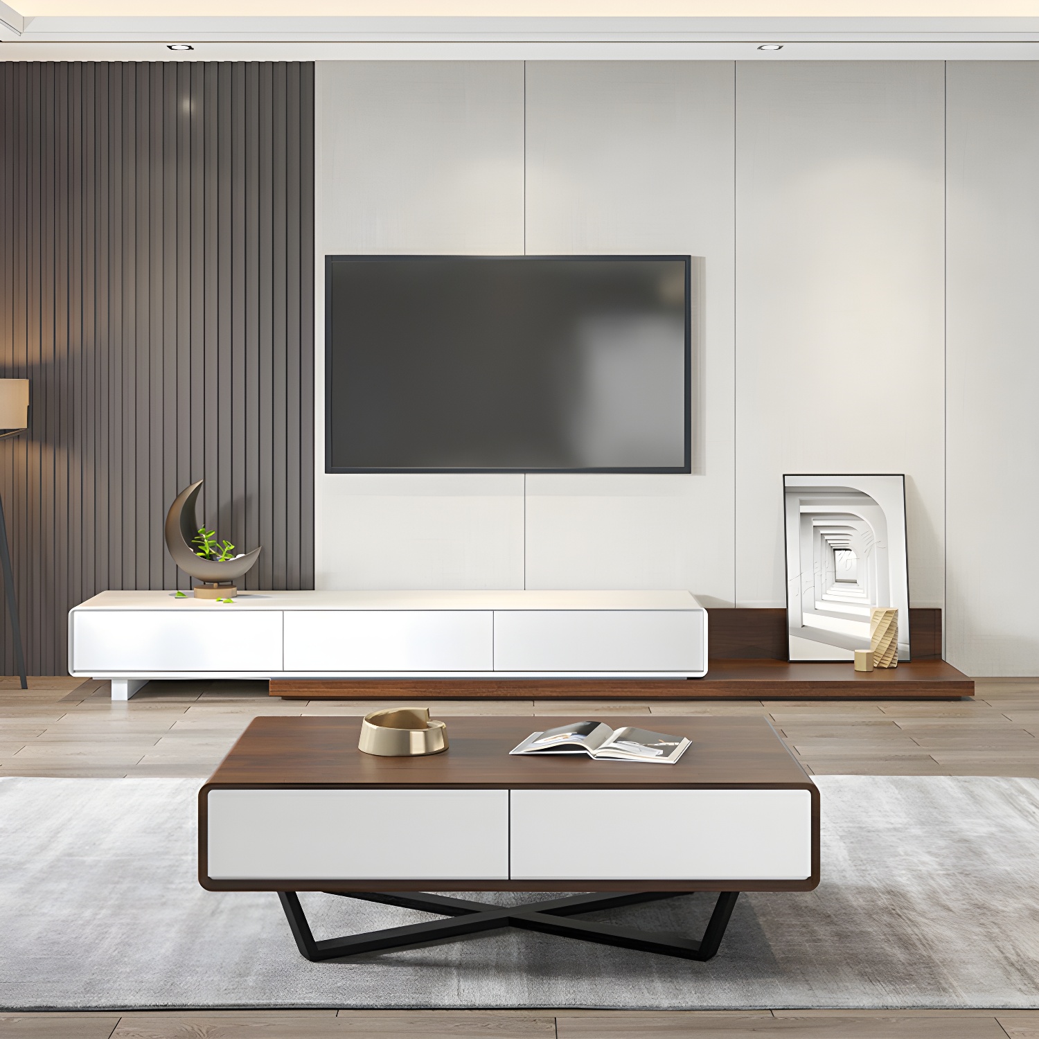 Rectangular Wood Modern Coffee Table with Black Metal Cross Legs and Storage Drawers - image 10