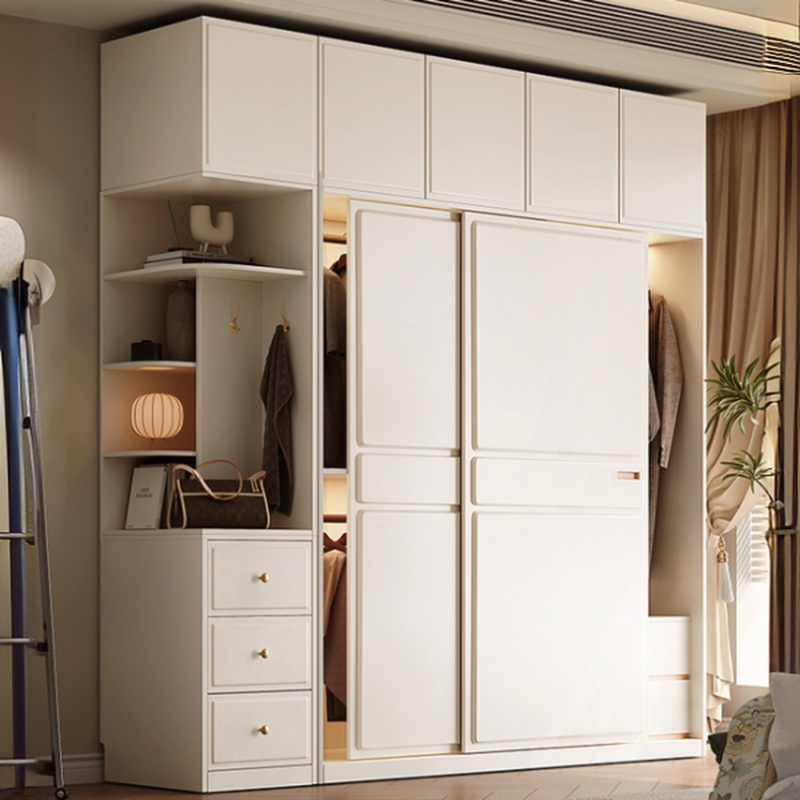 White Minimalist Laminate Wardrobe Closet with 5 Drawers/2 Drawers, Interior Shelves, and Clothing Rod