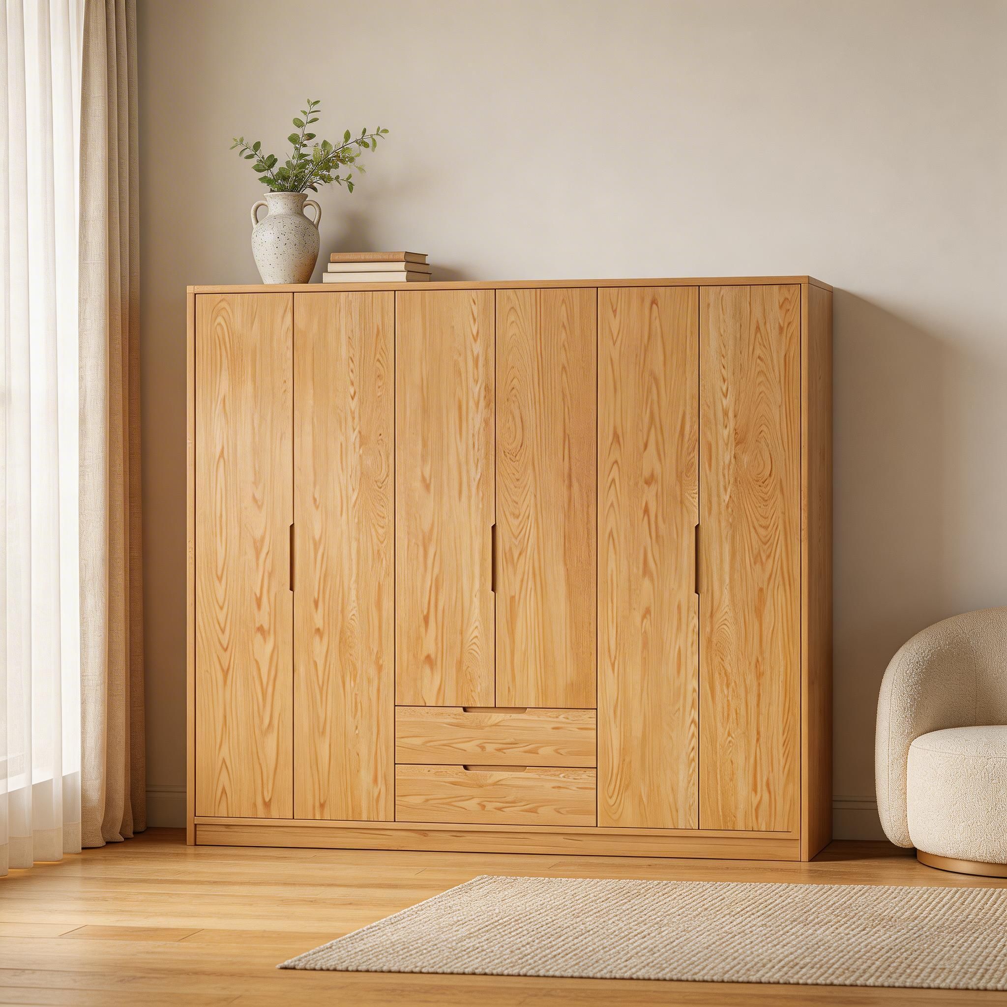 Modern Natural Wood Wardrobe Armoire with Sliding Doors, Drawers, and Shelves - image 19