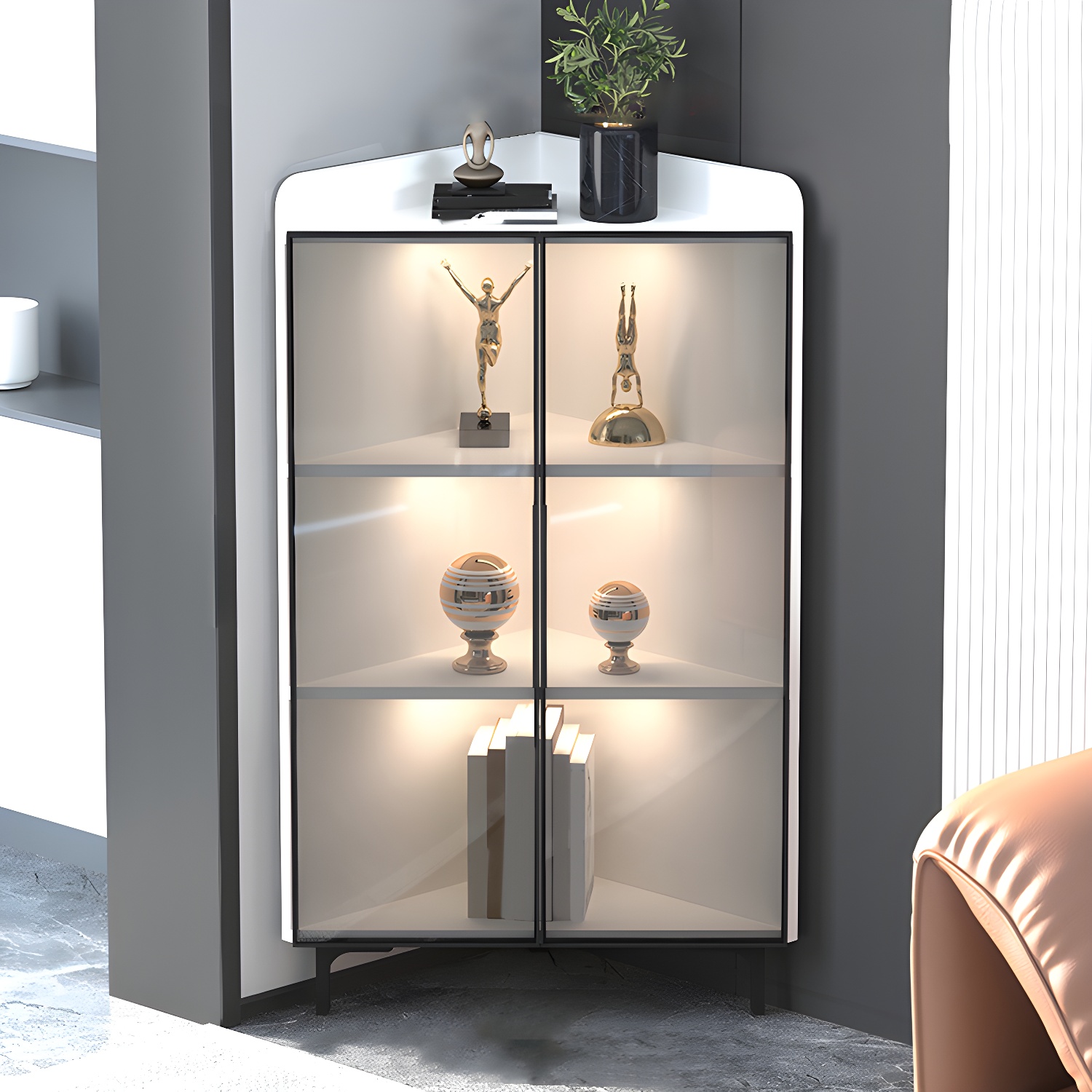 Scandinavian Corner Accent Cabinet with Glass Doors and Black Metal Base - Small Size - image 4