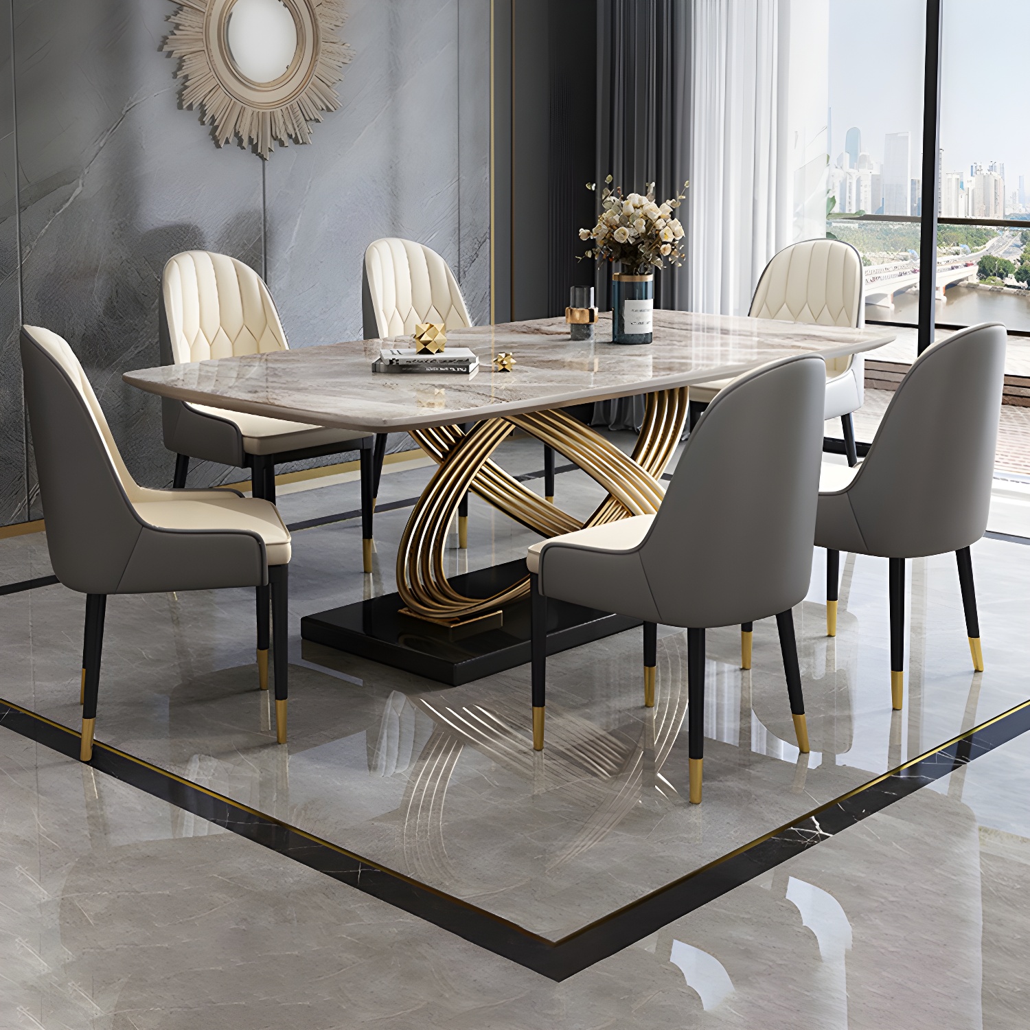 Nordic Glam Rectangle Sintered Stone Table Set 1/4/5/7 Pieces Dining Set - image 11
