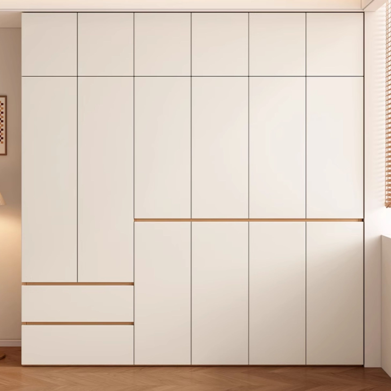 Wood Grain Minimalist Laminate Wardrobe Closet with Soft Close Drawer and Door, Interior Shelves, and Clothing Rod