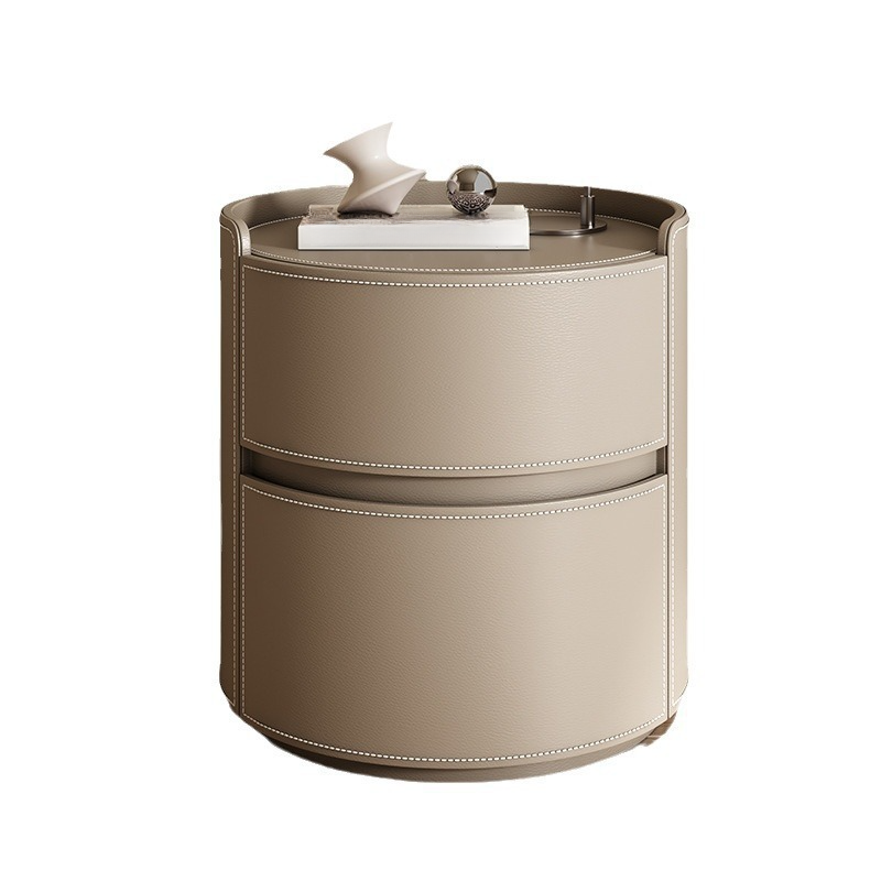 Scandinavian Round Nightstand with 2 Drawers and Synthetic Leather Countertop - image 14