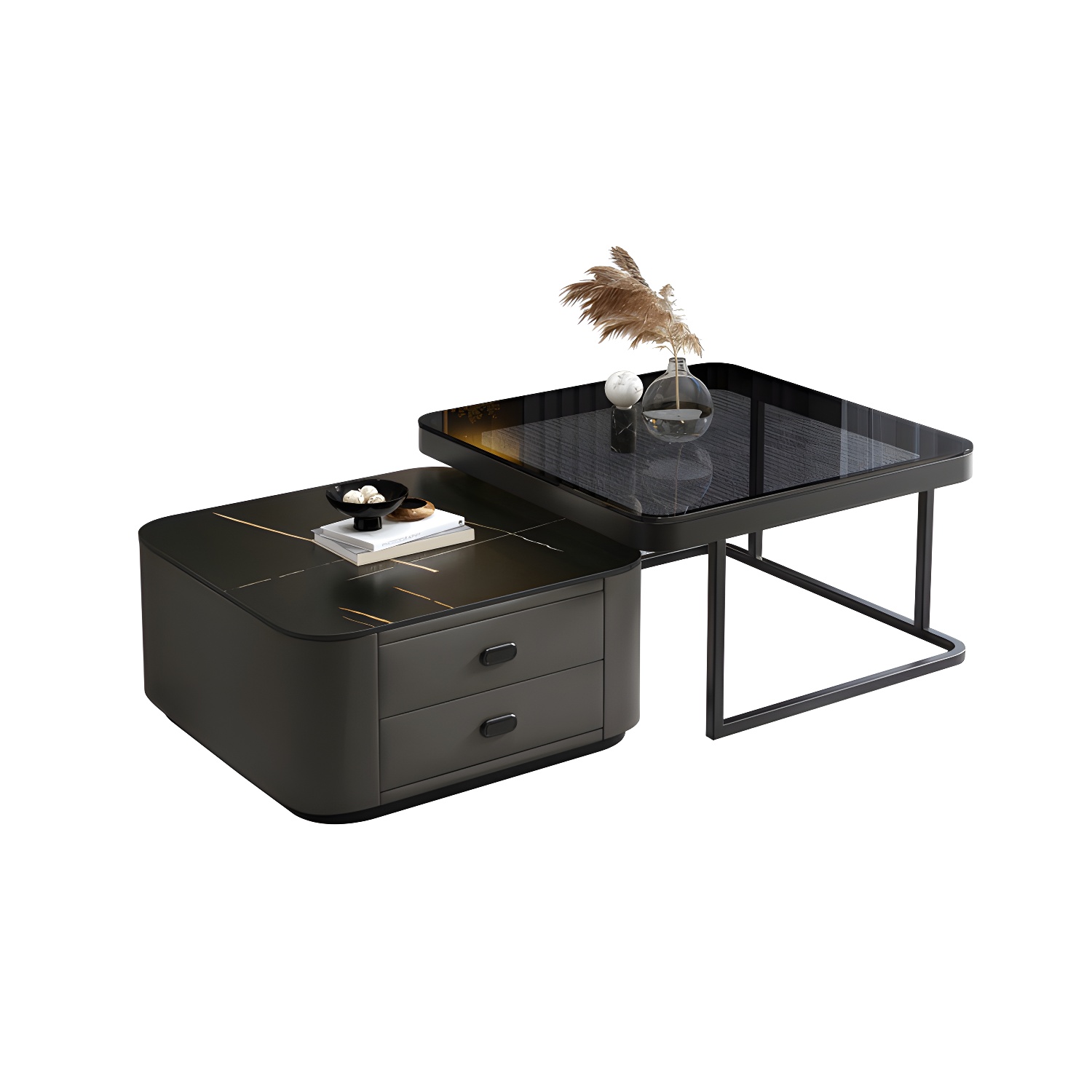 Square Coffee Table Glass Top 2 Nesting Coffee Table Set with Storage - image 4
