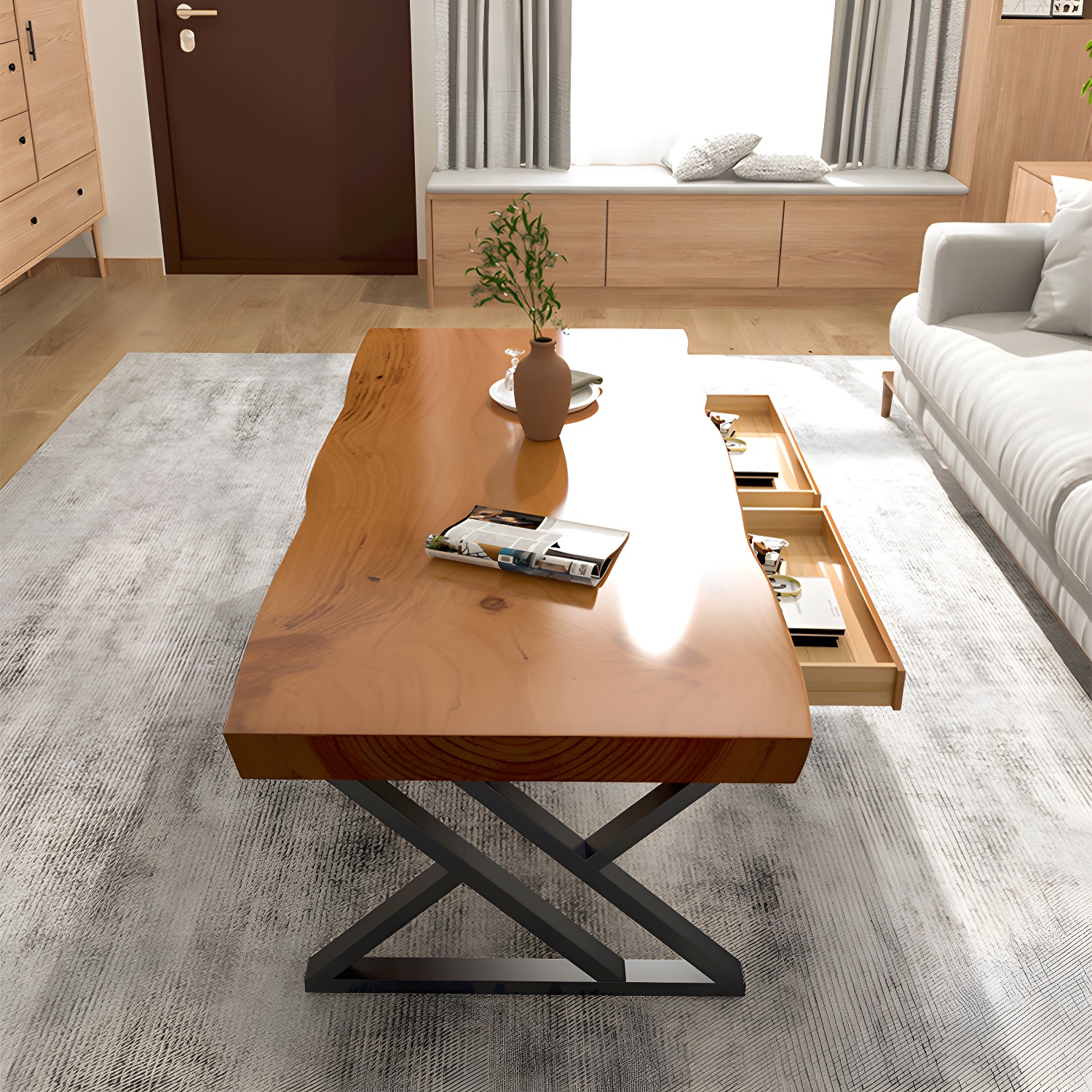 Scandinavian Rectangle Solid Wood Coffee Table Metal Sled Cocktail Table - image 3