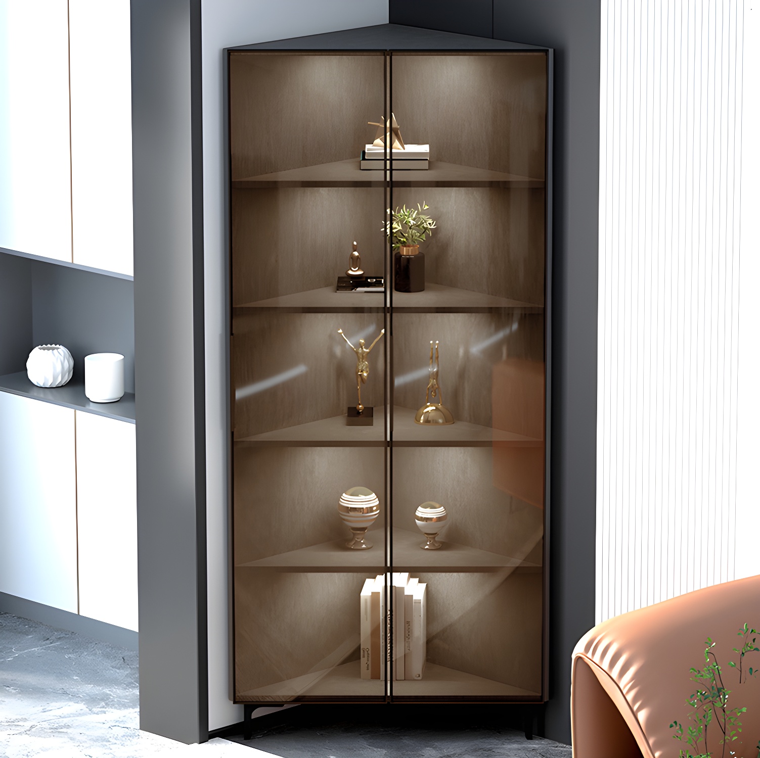 Modern Black Corner Accent. Wood Countertop. Glass Doors. Cabinets included - image 8