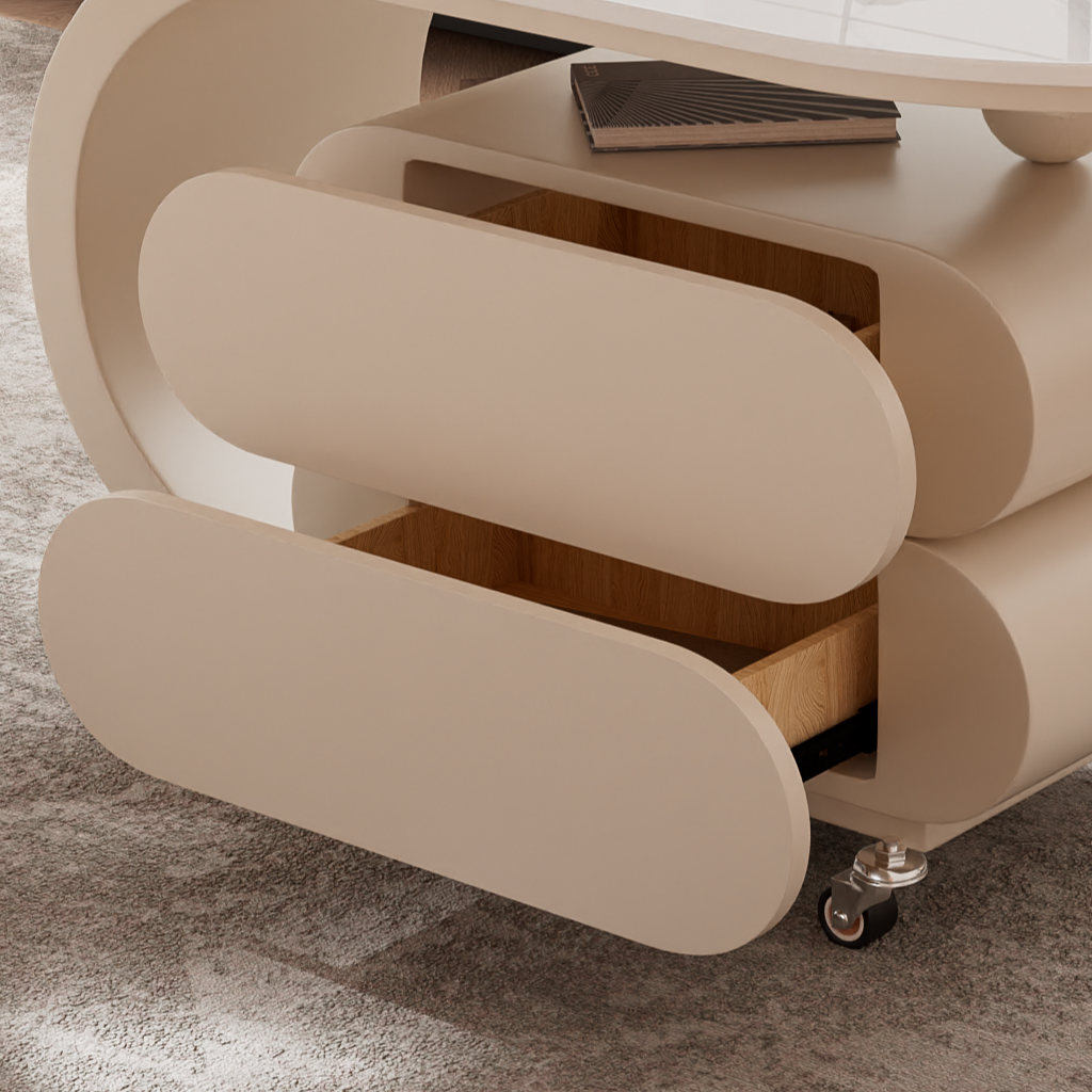 Simplistic Oblong Side Table with Wheel Base, Swivel Wheels, and Drawers - image 7