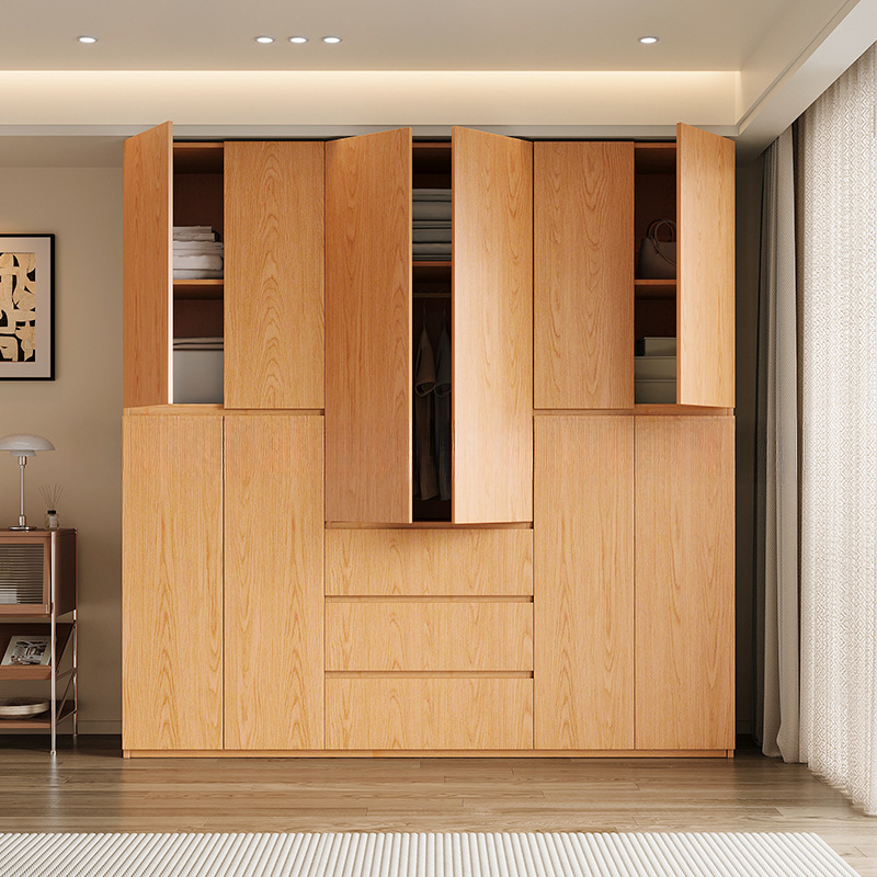 Natural Finish Minimalist Oak Wood Cabinet Armoire with Soft Close Drawer, Soft Close Door, Interior Shelves, and Clothing Rod