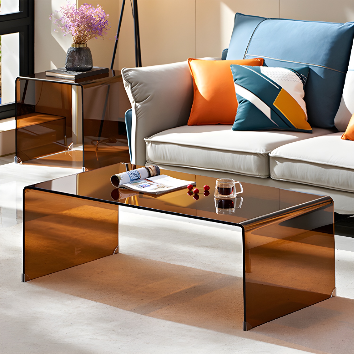 Brown Glass Sled Coffee Table Modern Rectangular 1 Single Cocktail Table - image 3