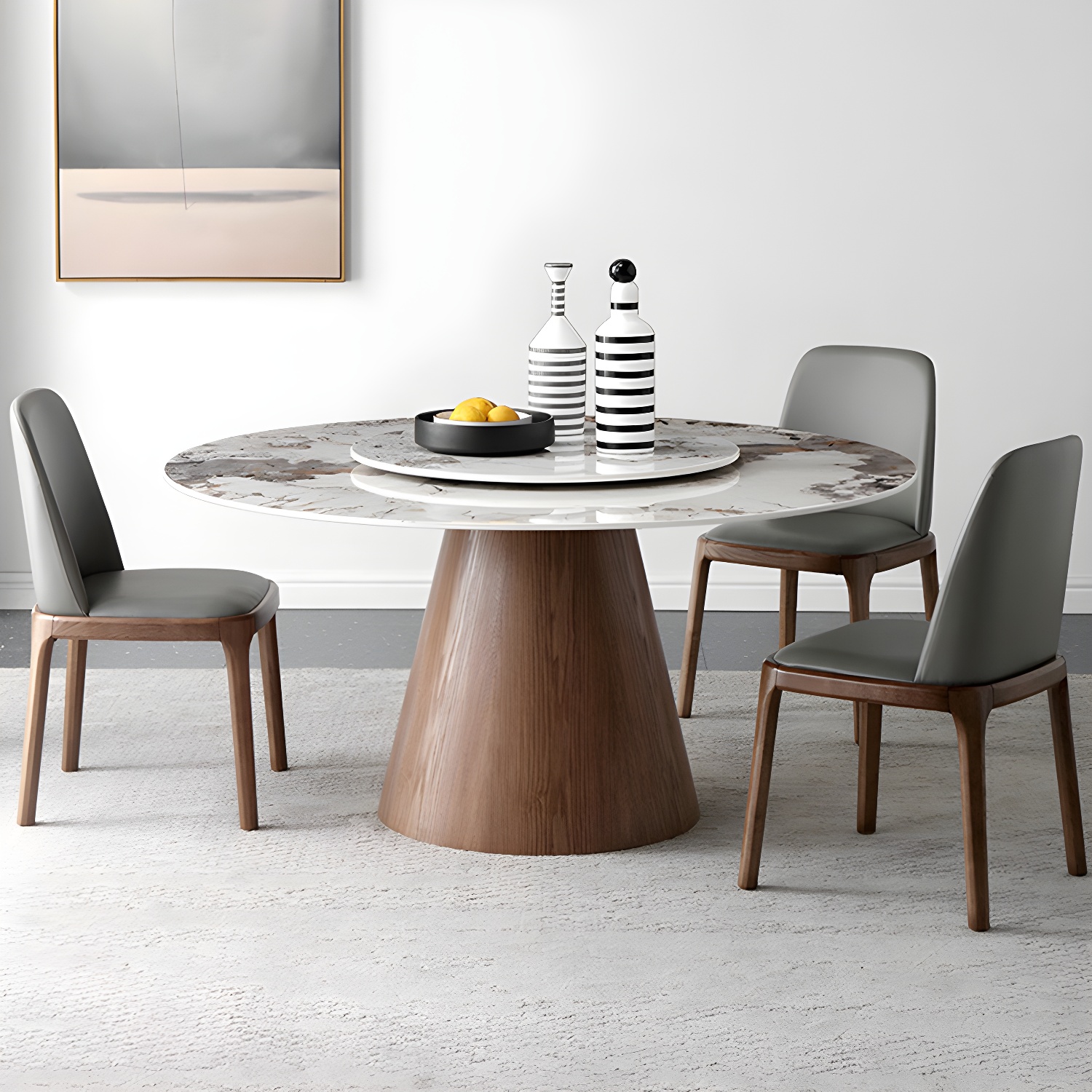 Round Sintered Stone Dining Table Stone Table in White with Pedestal - image 4