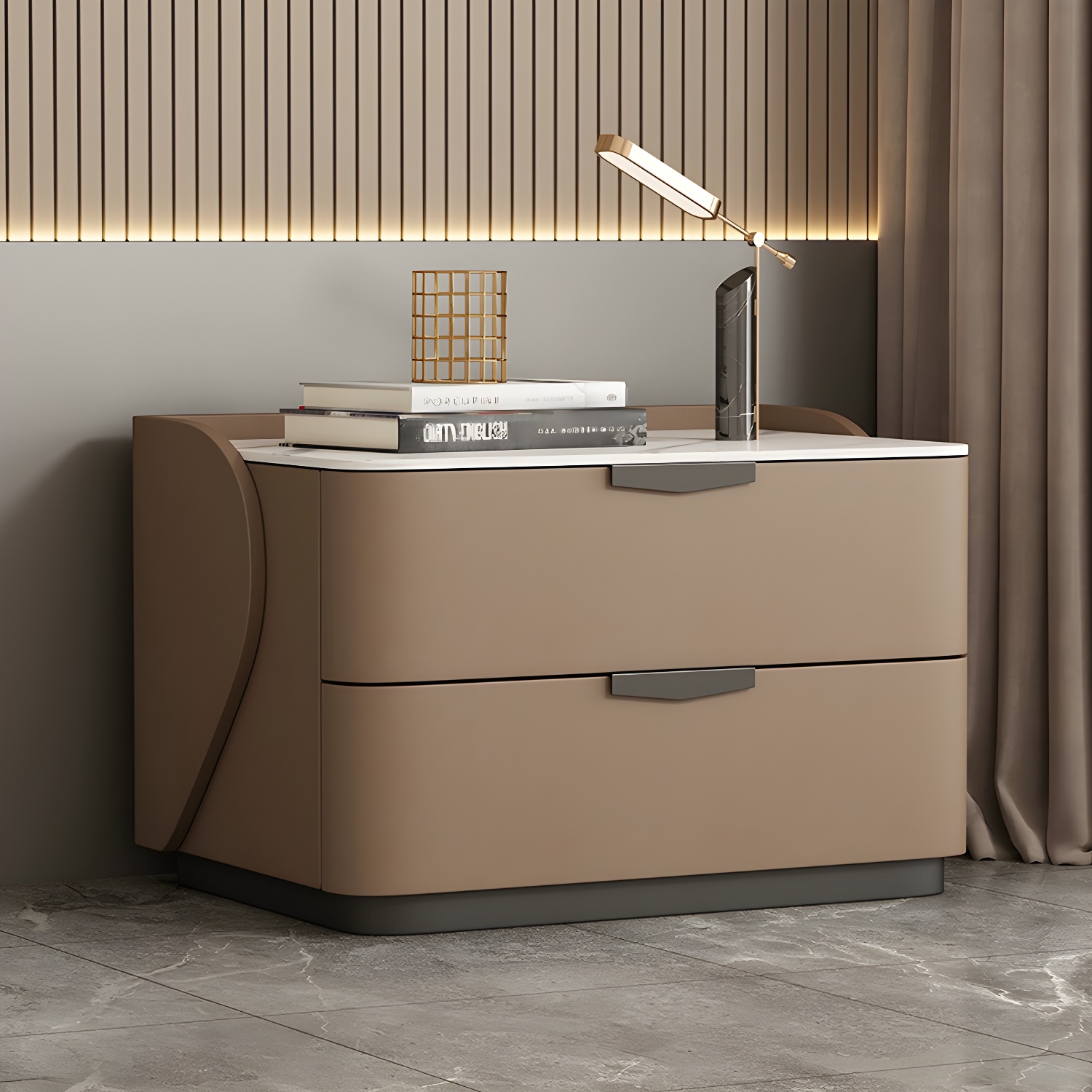 Modern Faux Leather Nightstand with Two Drawers in Light Wood - image 4