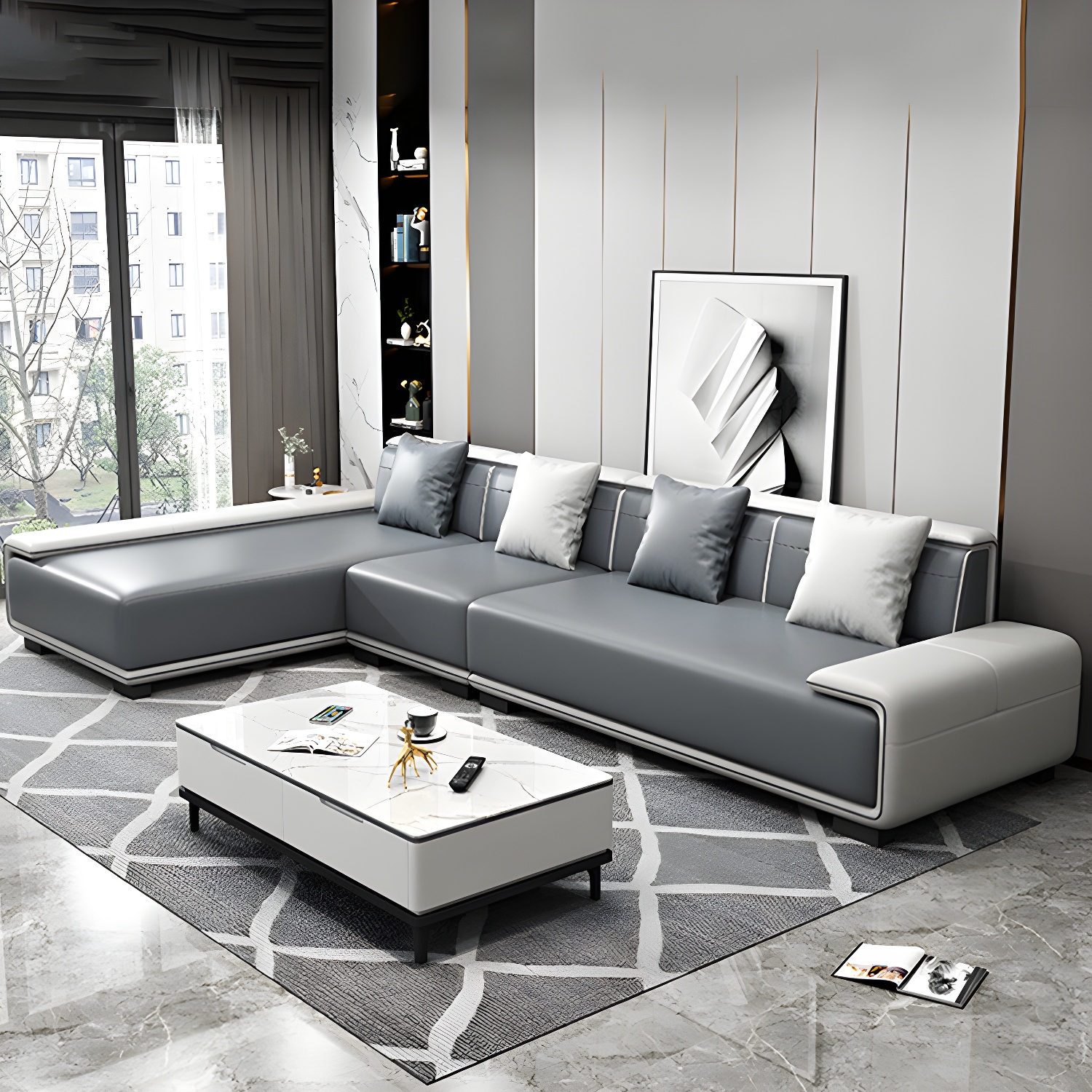 Faux Leather Sofa & Chaise with Pillows Modern U Sofa in Gray - 29.53" H - image 21