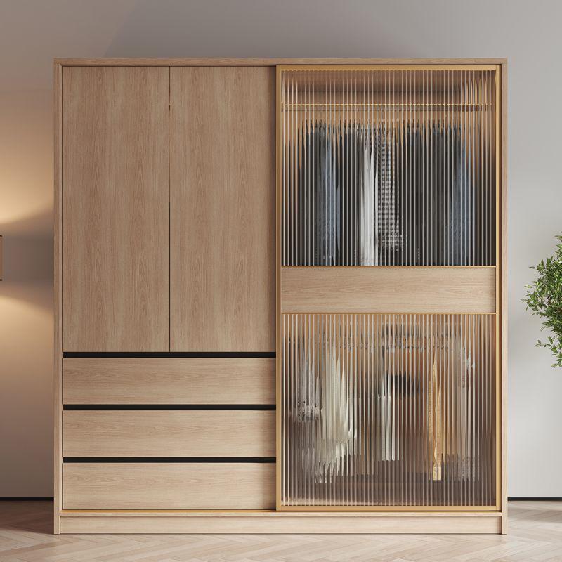 Contemporary Brown Wood Panels Armoire with Shelves and Glass Door for Bedroom