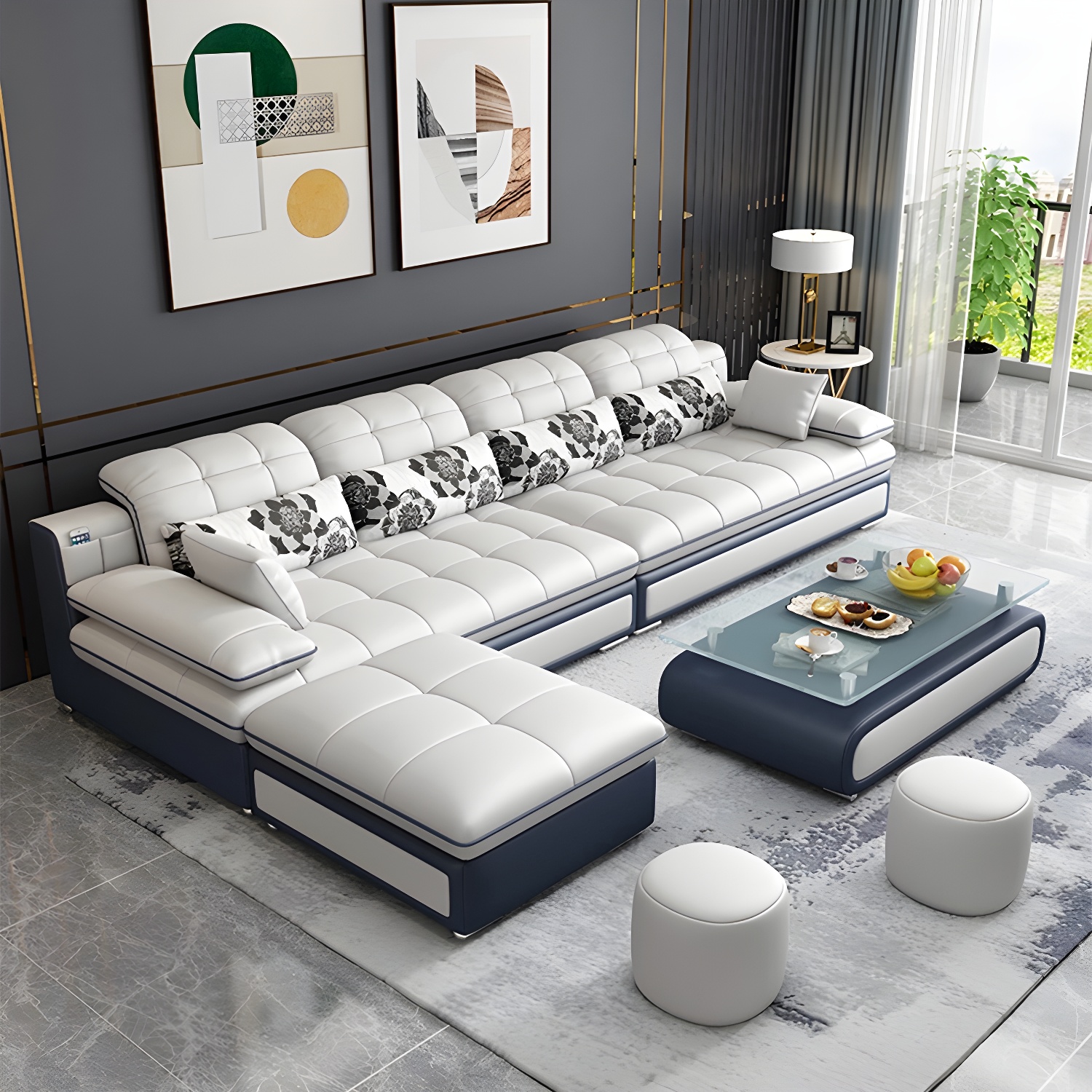 Contemporary Faux Leather Sofa & Chaise Biscuit Back Pillow Top Sofa - image 3