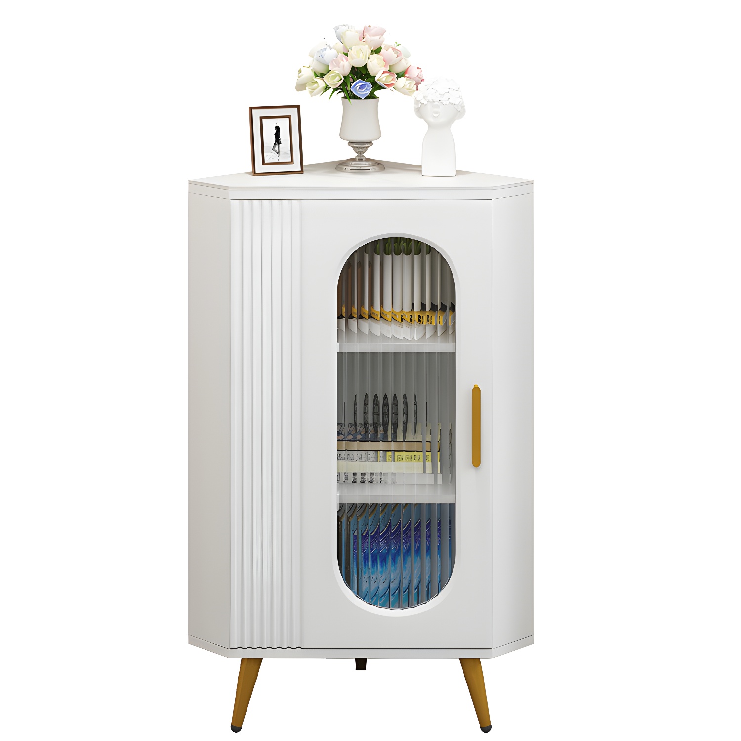 Elegant Corner Modern Accent Cabinet with Glass Doors and Metal Base - image 3