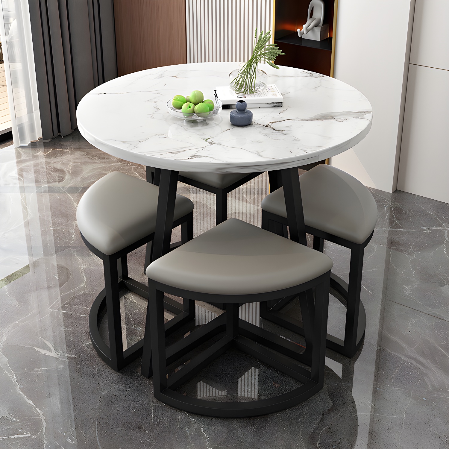 Round White Wood Tone Modern Dining Set with Metal Pedestal Base - Seats 4 - image 6