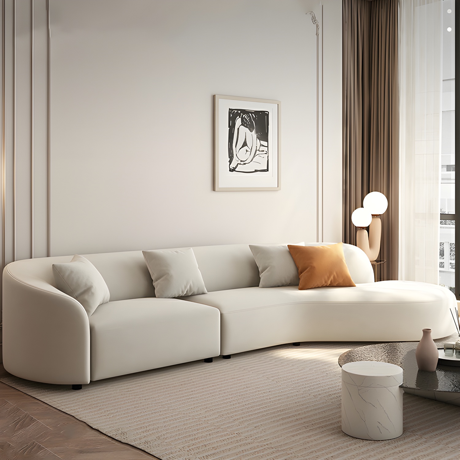 Modern Beige Tech Cloth Stationary Sectional Sofa with Wood Frame and Flared Arms - image 3