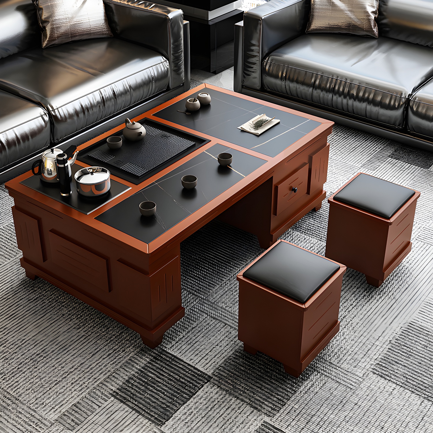Abstract Slate Coffee Cocktail Table with Storage Drawers Rectangle
