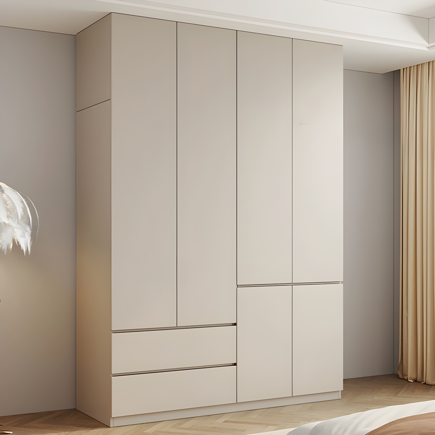 Beige Solid Wood Wardrobe Armoire with Clothing Rod & Shelves - image 4