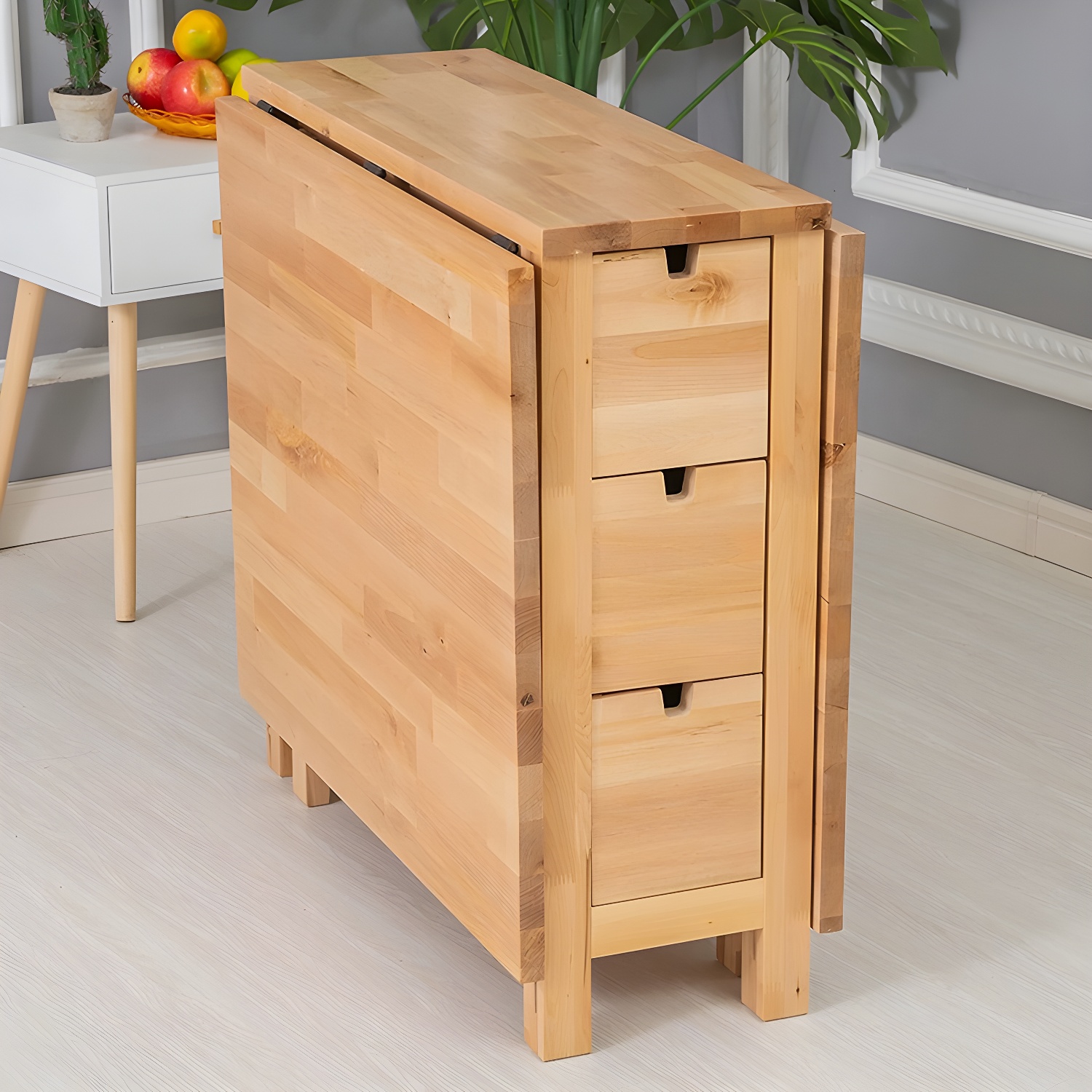 Modern Birch Wood Drop Leaf Rectangle Kitchen & Dining Table with Pedestal Base and Storage Included - image 7