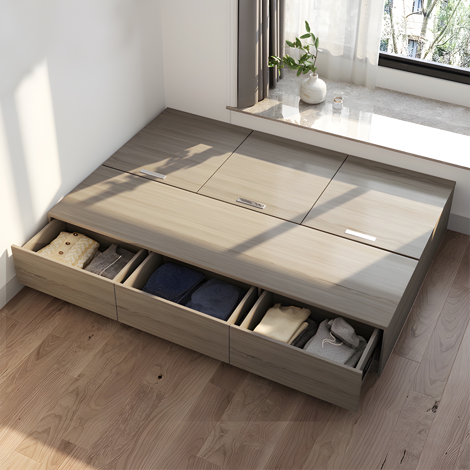Light Brown Platform Bed Scandinavian 13.77" Tall Bed Frame with Storage Drawers - image 3