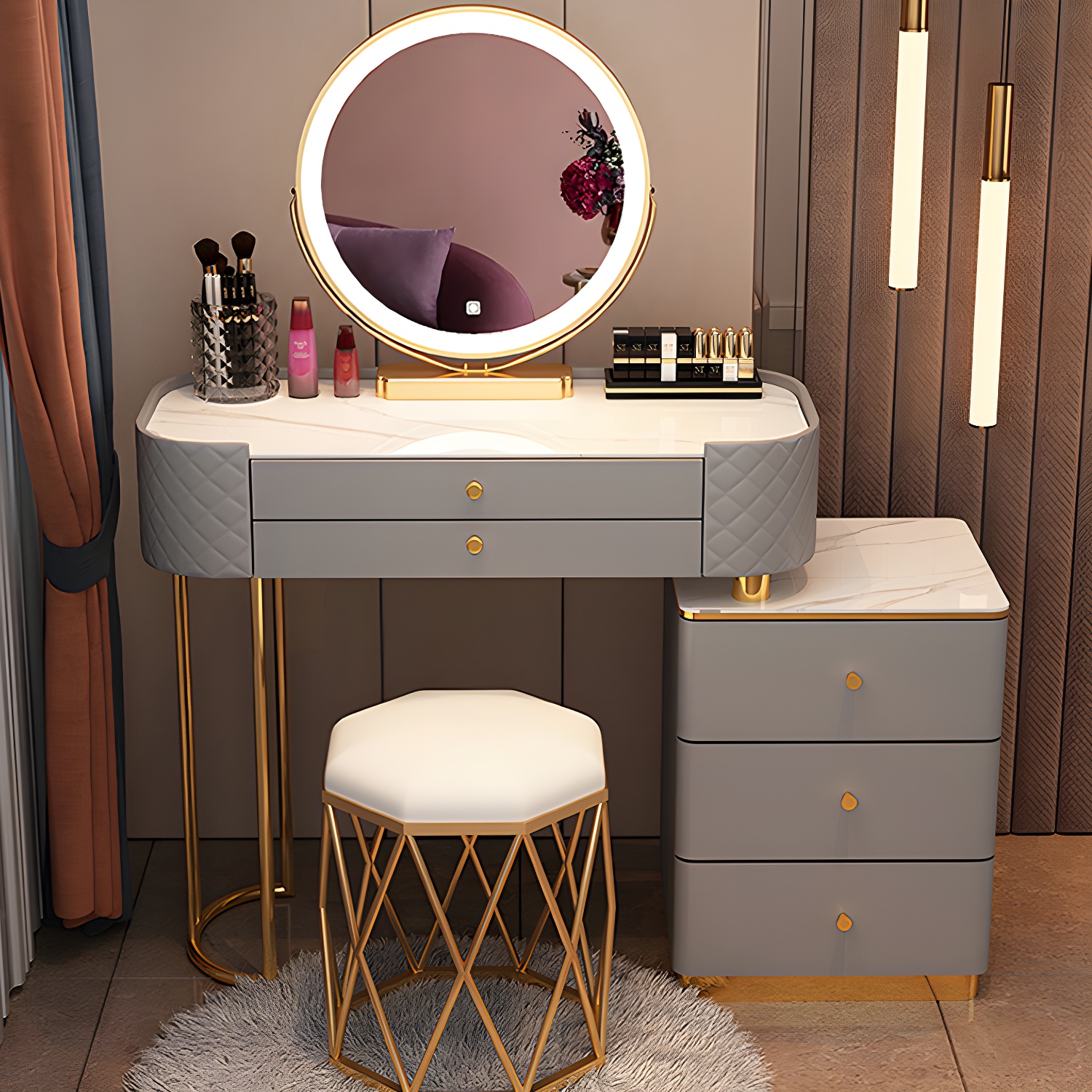 Lighted Mirror & Jewelry Makeup Vanity Metal Dressing Table Stool Set - image 16