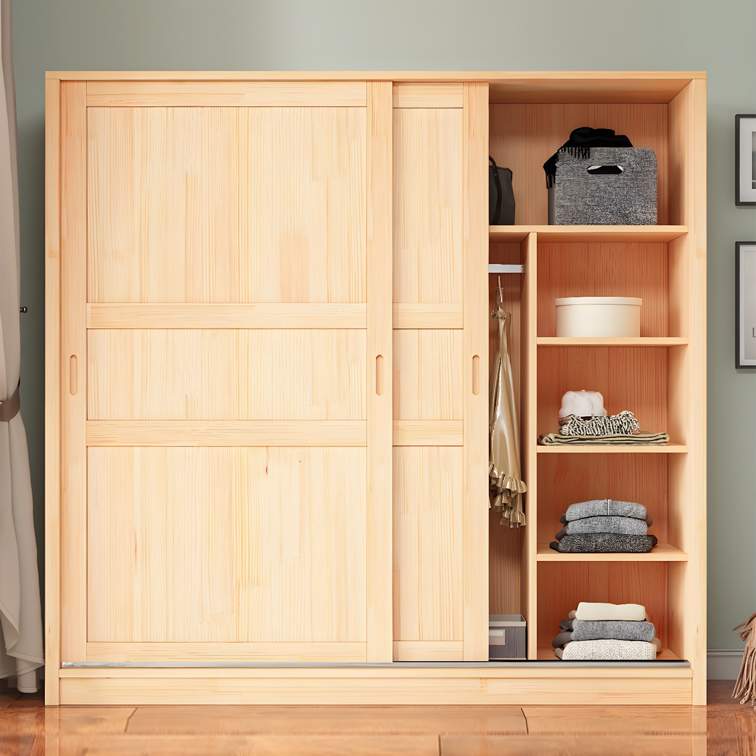 Natural Pine Solid Wood Wardrobe Freestanding Wardrobe with Sliding Doors