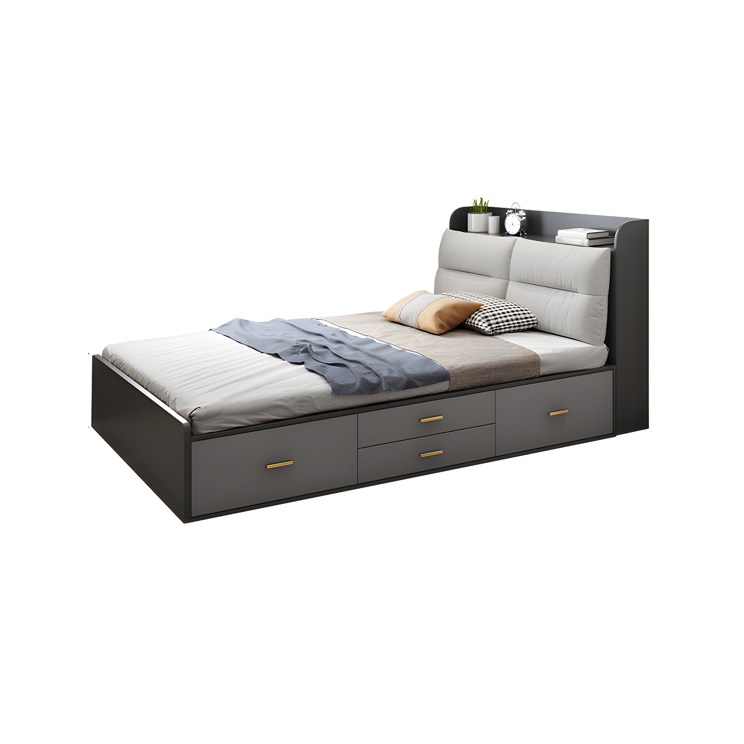 Scandinavian Low Profile Bed with Headboard Upholstered Bed with Drawers