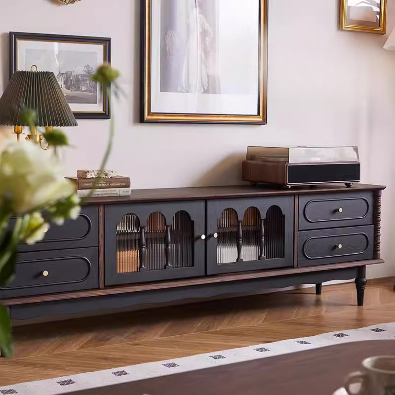 Pecan Art Deco Natural Wood TV Stand with 4 Drawers, Locker, Cable Management, and Adjustable Shelving - image 3