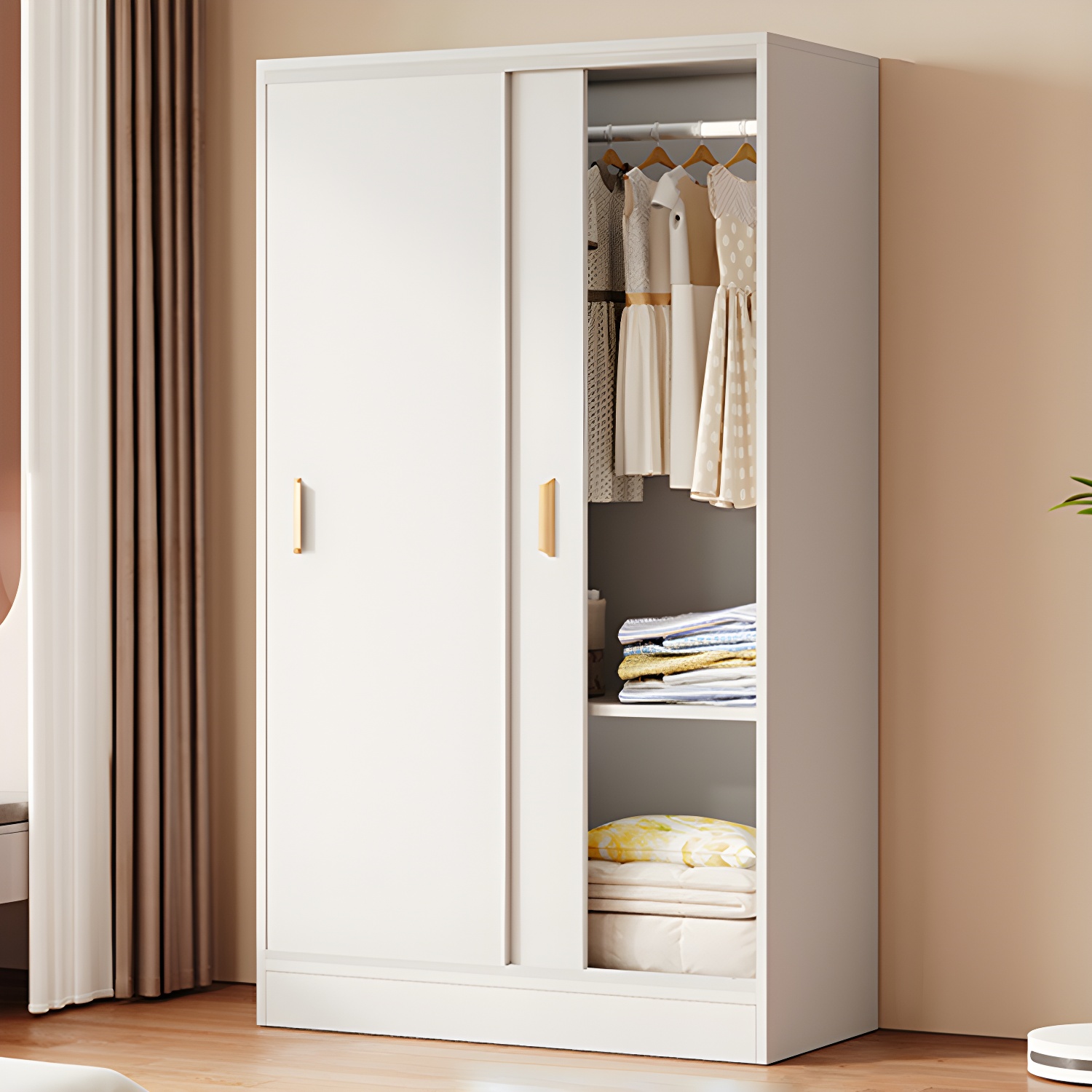 Contemporary Freestanding Wardrobe Armoire Wood Sliding Doors Wardrobe - image 3