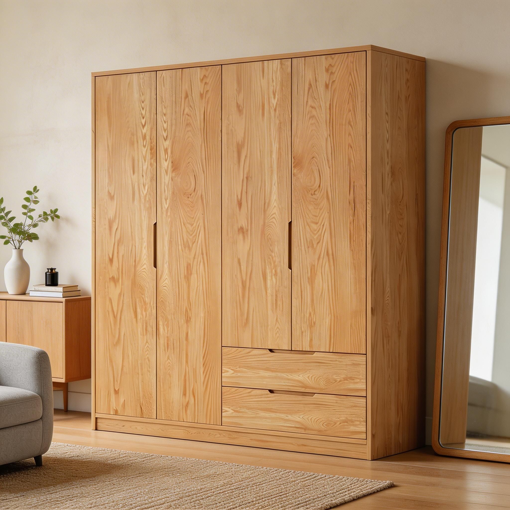 Modern Natural Wood Wardrobe Armoire with Sliding Doors, Drawers, and Shelves - image 41