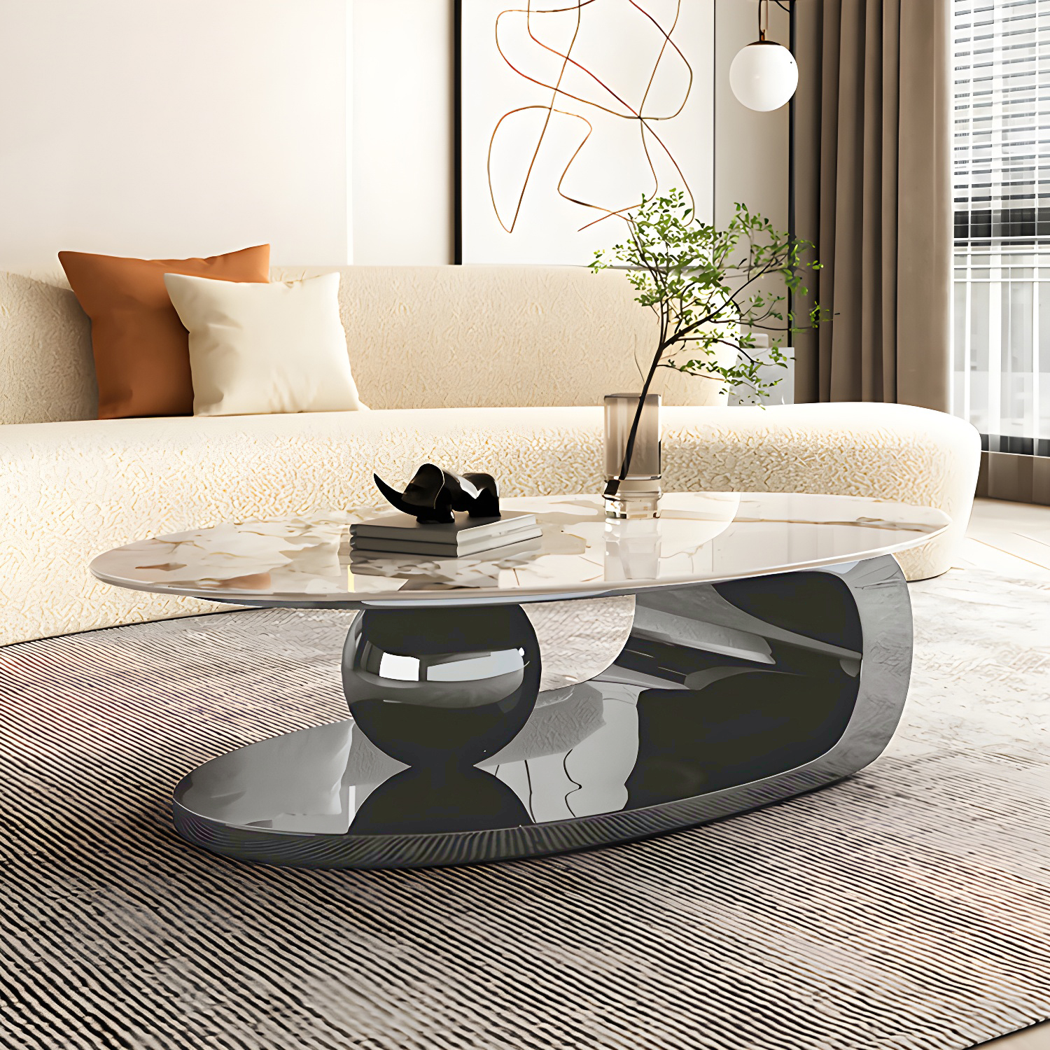 Oval Coffee Table with Stainless Steel Base Made of Rock Sheet - image 4