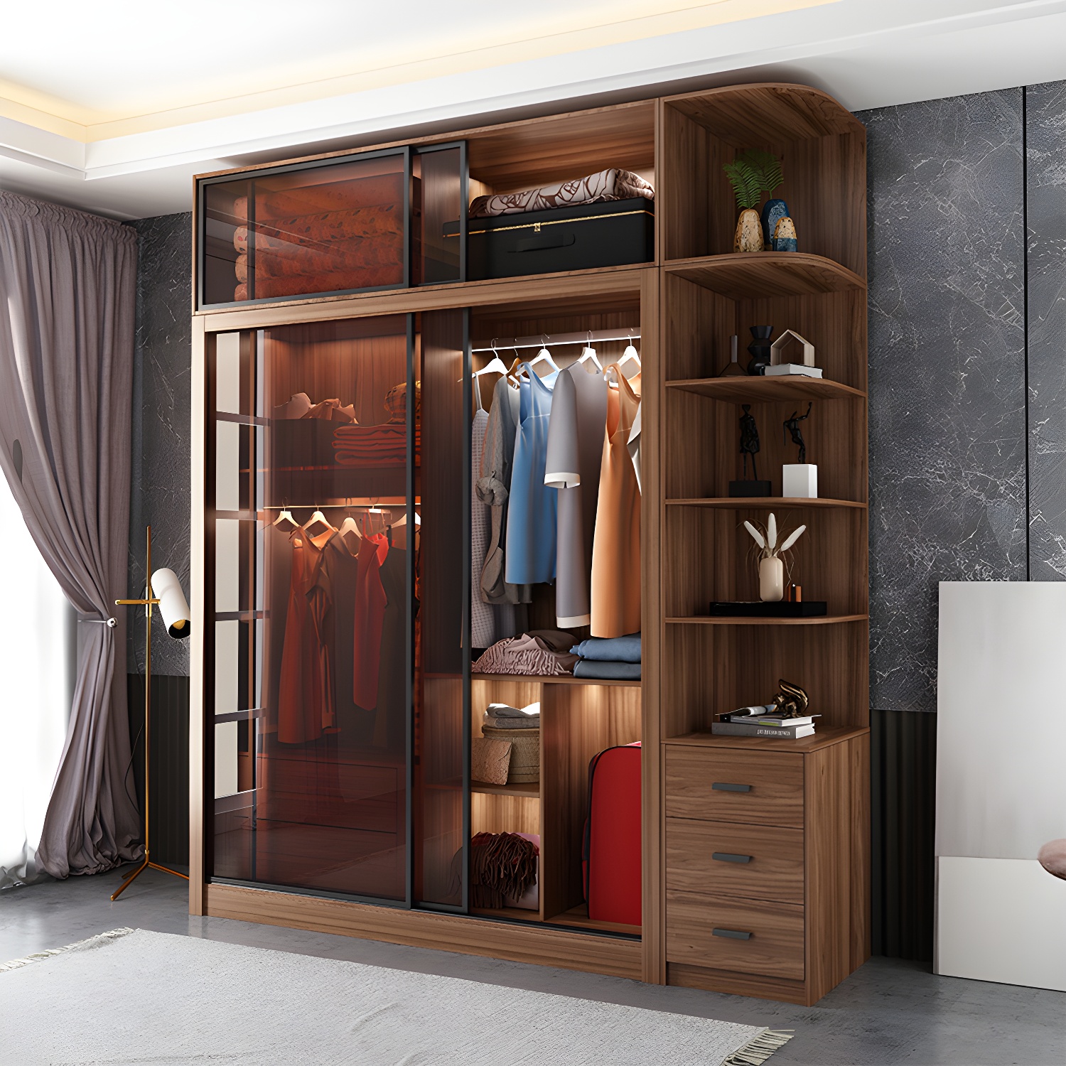 Bedroom Sliding Door Wardrobe Modern Brown Cabinet with Glass Doors