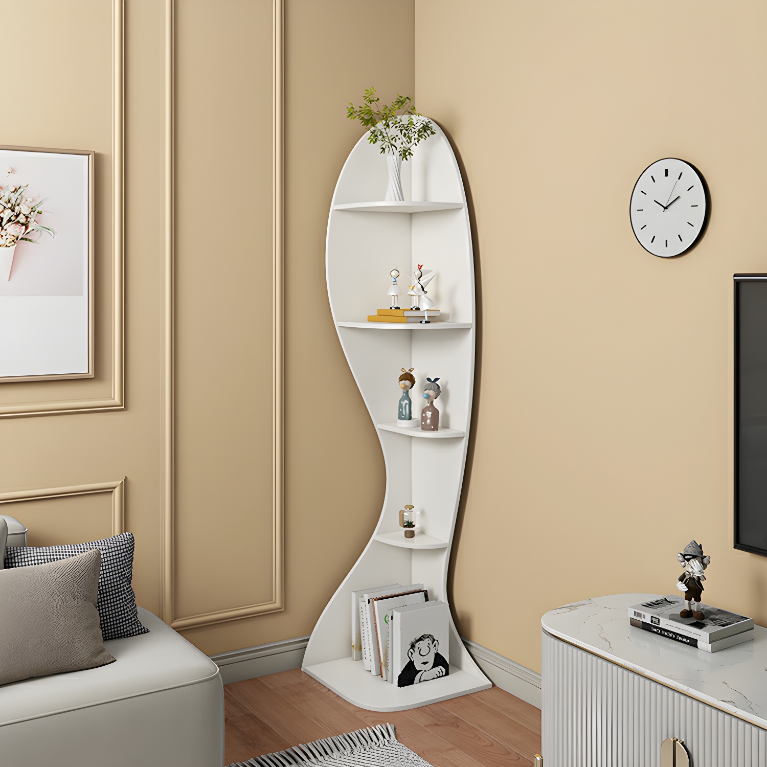Corner Modern Accent Chest with Wood Counter Top and Open Shelves - 40cm X 40cm X 182cm - 4 Shelves - image 7
