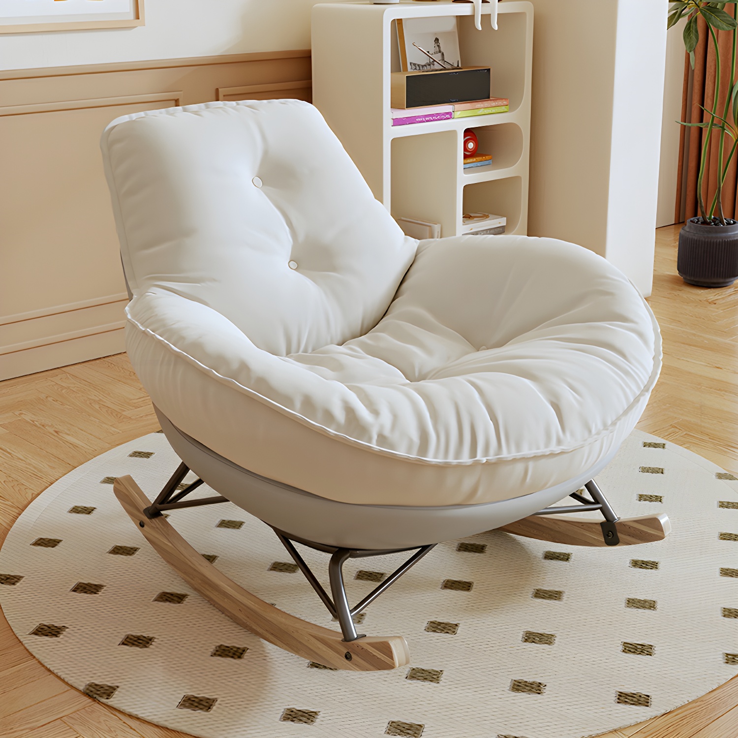 Indoor Contemporary Rocking Chair with Beige Upholstered and Wood Legs - image 3