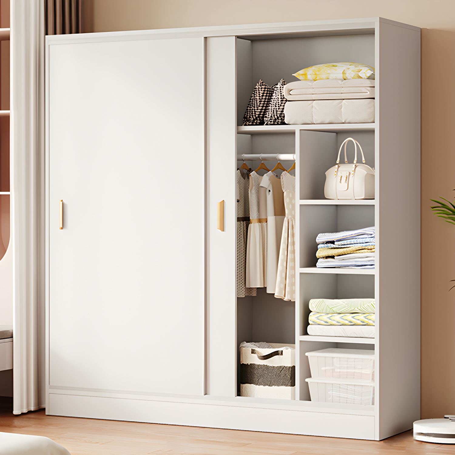 Contemporary Freestanding Wardrobe Armoire Wood Sliding Doors Wardrobe - image 7