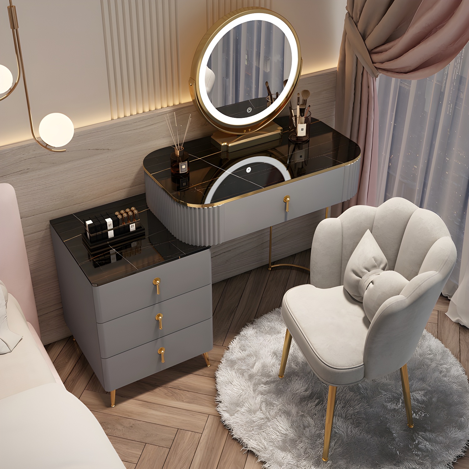 Contemporary Mirrored Wood Top Makeup Vanity Desk White/Gray Dressing Table