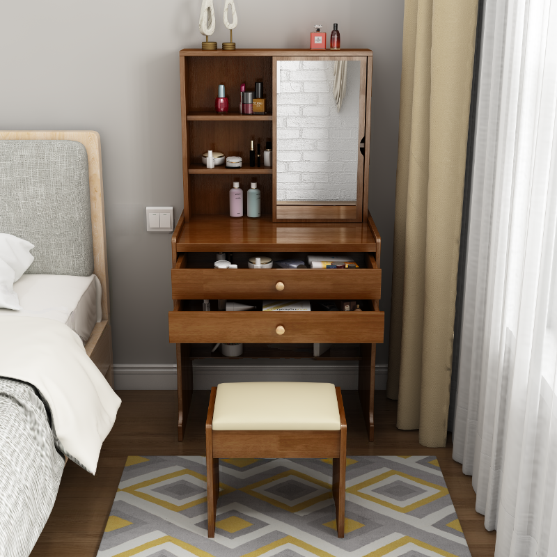 Modish Small/Standard Vanity Set with White/Auburn/Natural Color Chair, 1 Drawer/2 Drawers, Rubberwood Frame, and Standing Mirror