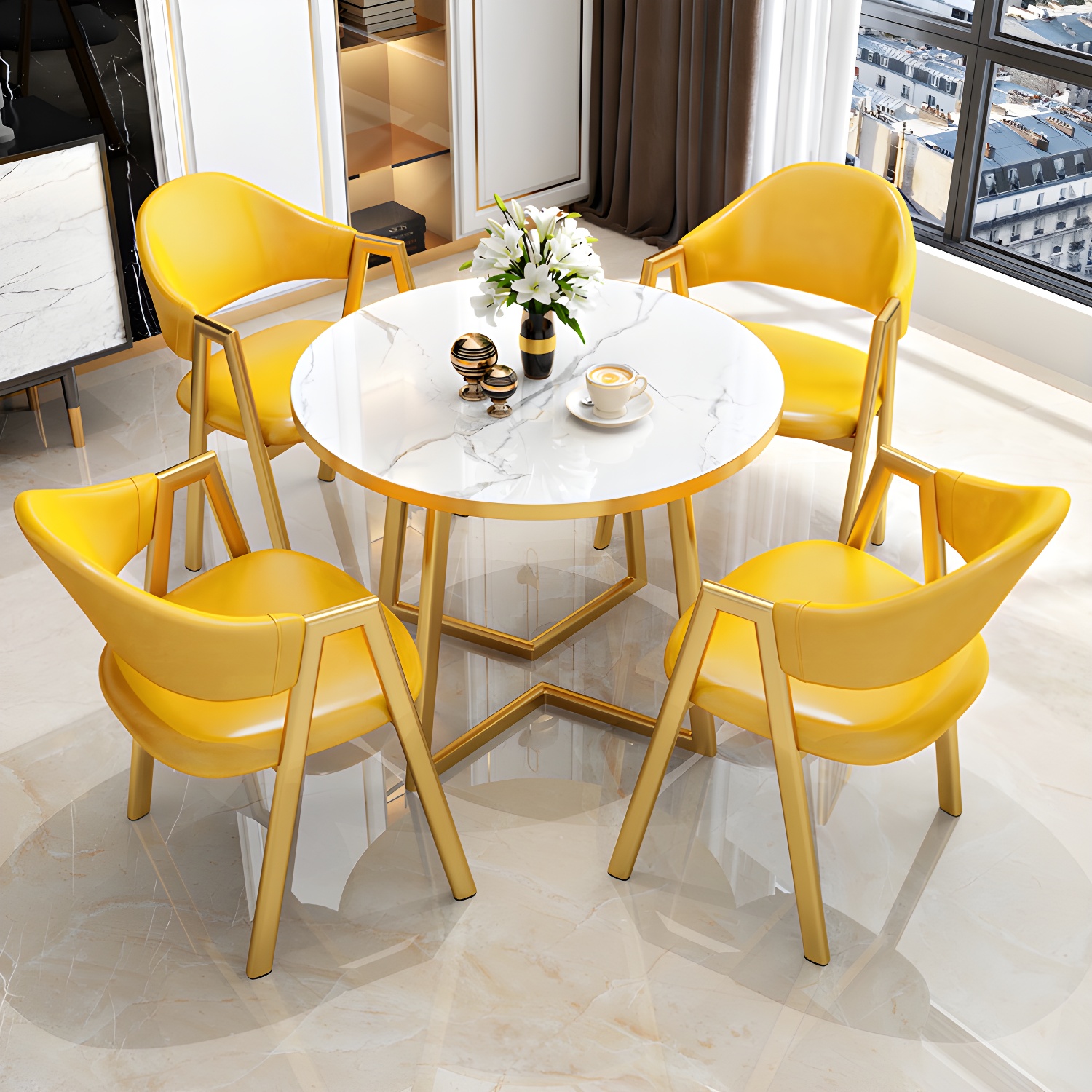 Round Standard Laminated Faux Marble Dining Set with Gold Metallic Legs for Dining Furniture - image 4