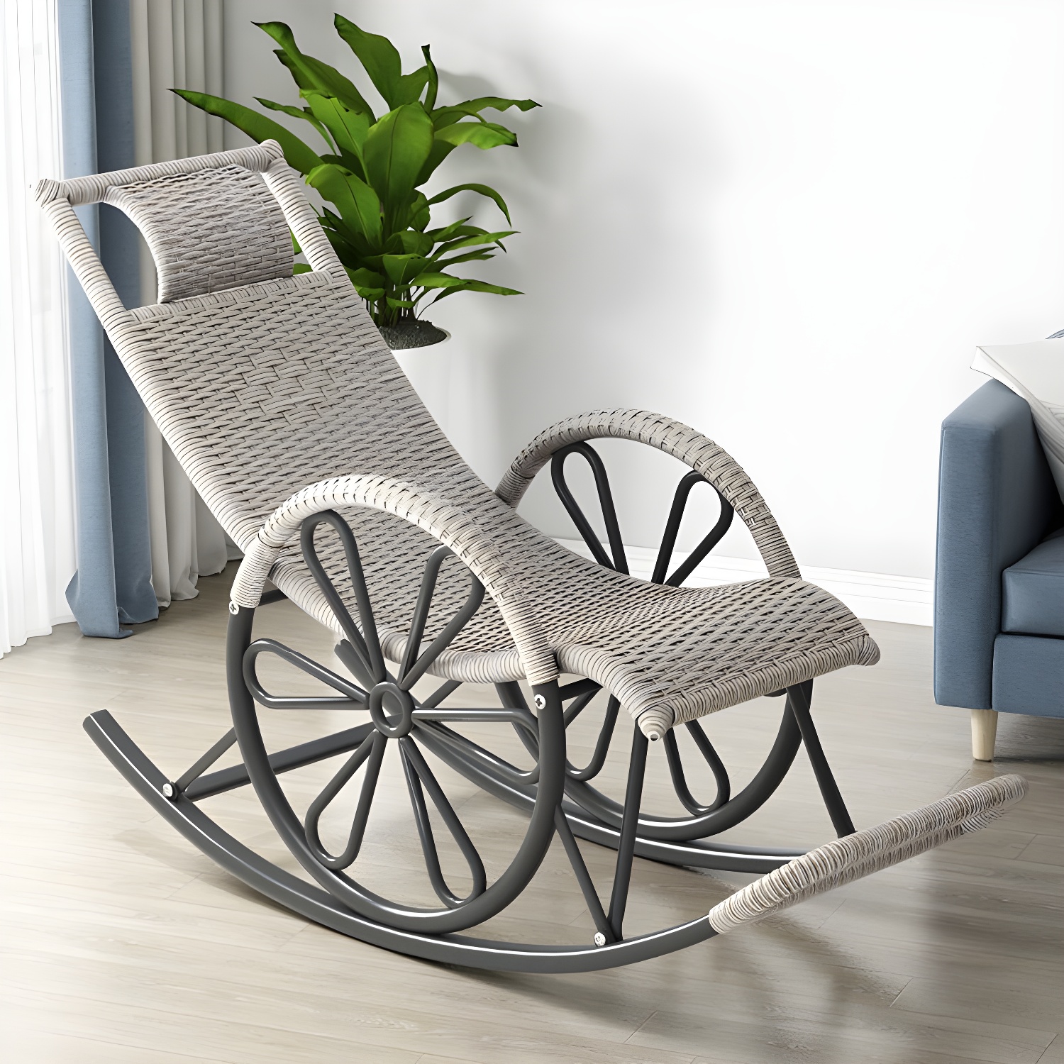 Rattan Modern Rocking Chair Woven Rope Rocker Chair in Black - image 9