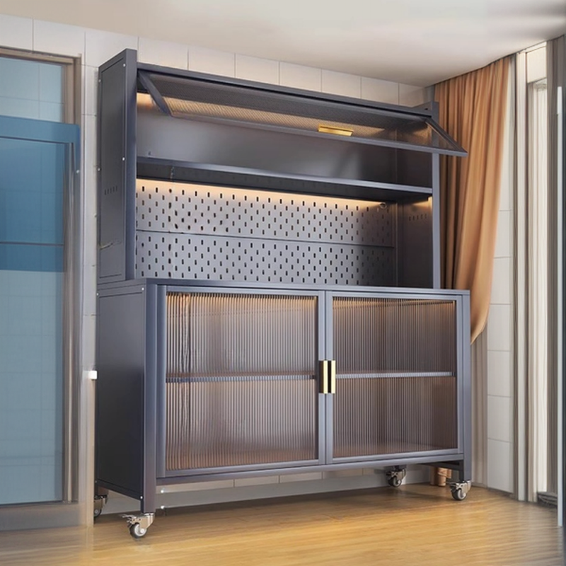 Narrow Steel Countertop Sideboard with Wheels, Cupboard, Changeable Shelf, and 3/4 Doors